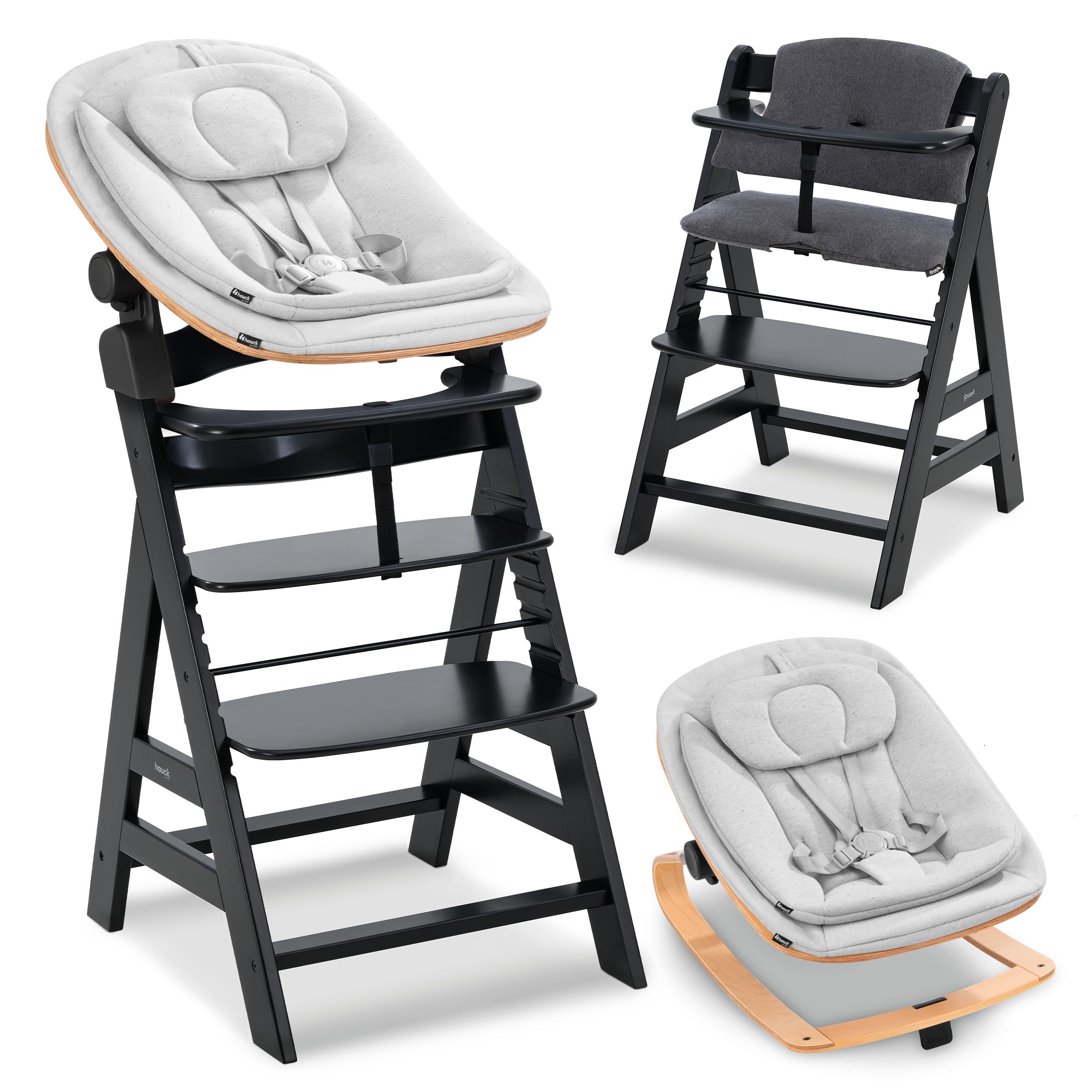 hauck Chaise Haute Bébé Alpha+ avec Siège Nouveau-né Eco – Black | Chaise haute évolutive en bois, de la naissance à 90 kg, inclus assise bébé ergonomique, coussin et harnais