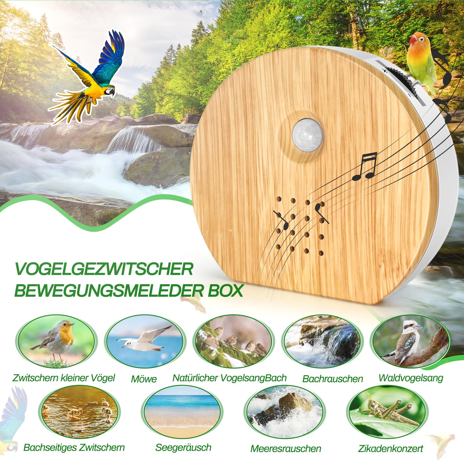 Vogelgezwitscher Bewegungsmelder Box, Rodukee Vogelzwitschern Naturgeräusche mit Timer, Vogelzwitschern mit 9 Vogelgesäng, Lautstärkeregelung 0-90dB, Bachgeflüster, Meeresrauschen für Spa Entspannung