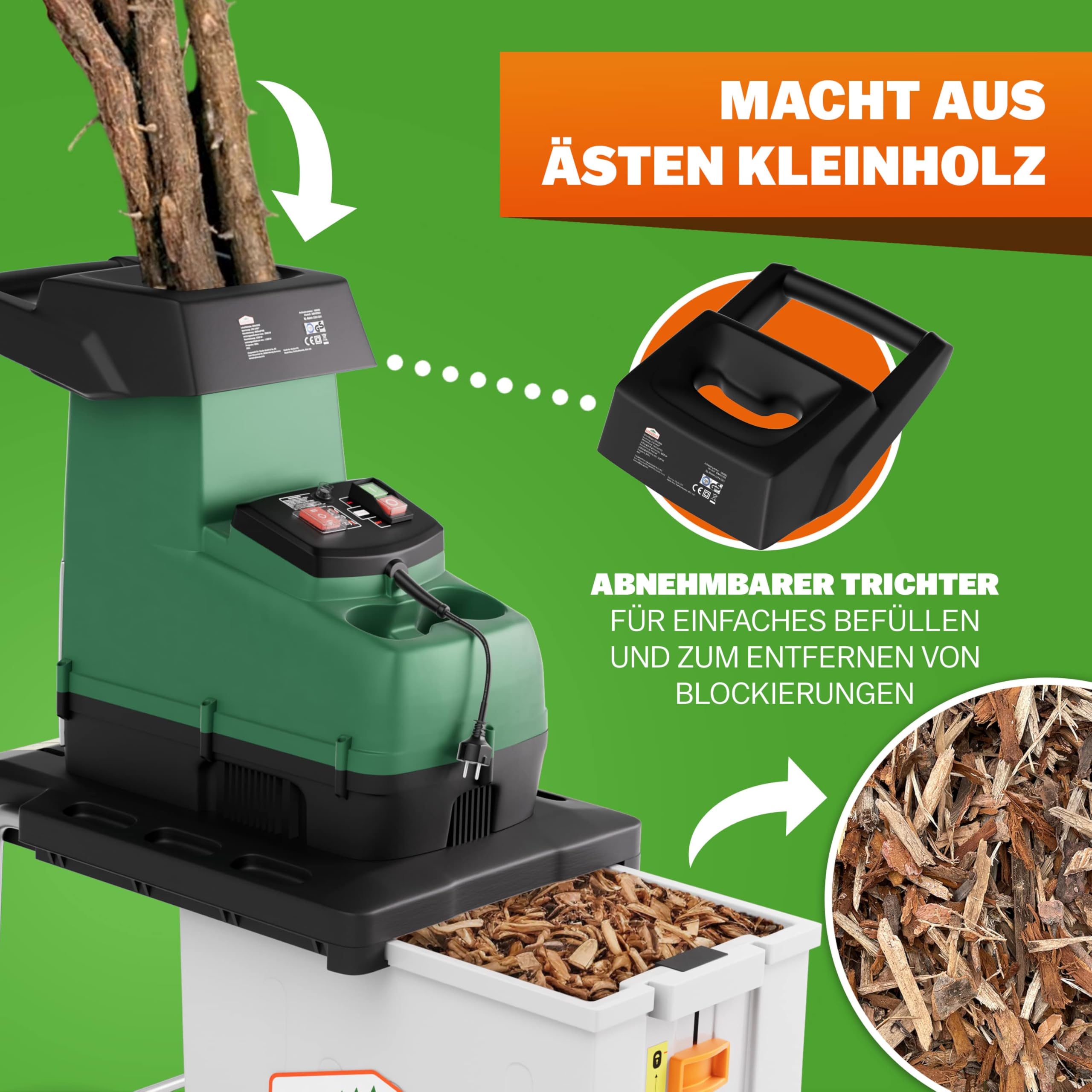 GARDEBRUK Leisehäcksler 3100 W 45 mm Aststärke Elektrisch 60 L Auffangbox Walzenhäcksler
