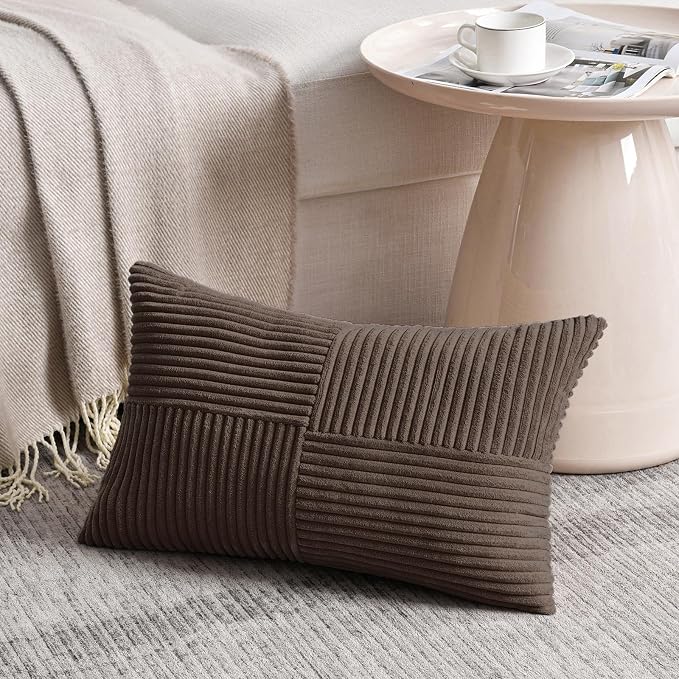 Fancy Homi Dark Brown Lumbar Decorative Throw Pillow Covers 12x20 Inch for Living Room Couch Bed, Rustic Farmhouse Boho Home Decor, Soft Striped Corduroy Rectangle Accent Cushion Case 30x50 cm