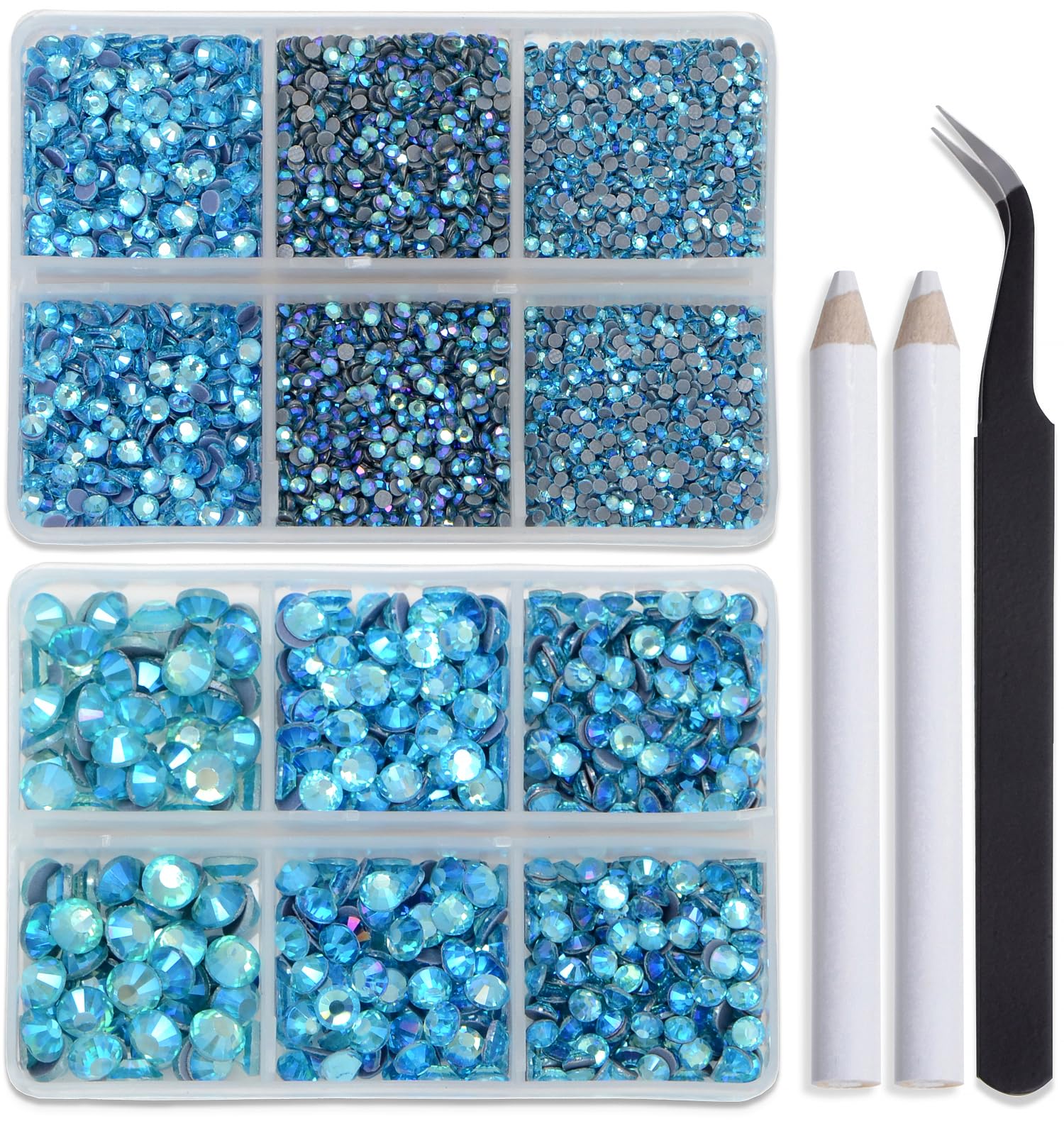 Bymitel Hotfix Crystal Rhinestones Round Gems for Crafts,Mixed 6 Sizes with Wax Pencil Kit, Aquamarine AB 1.6-6.3mm SS4-SS30/8000pcs