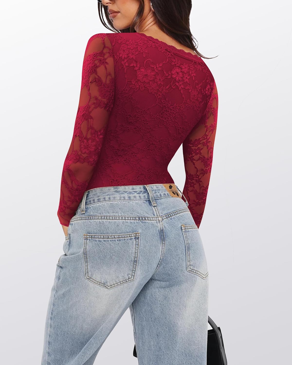 Saslax Women's Lace Bodysuit Sexy Deep V Neck Long Sleeve Body Suits Thong Slim Fit Double Lined Y2K Going Out Tops - Image 3