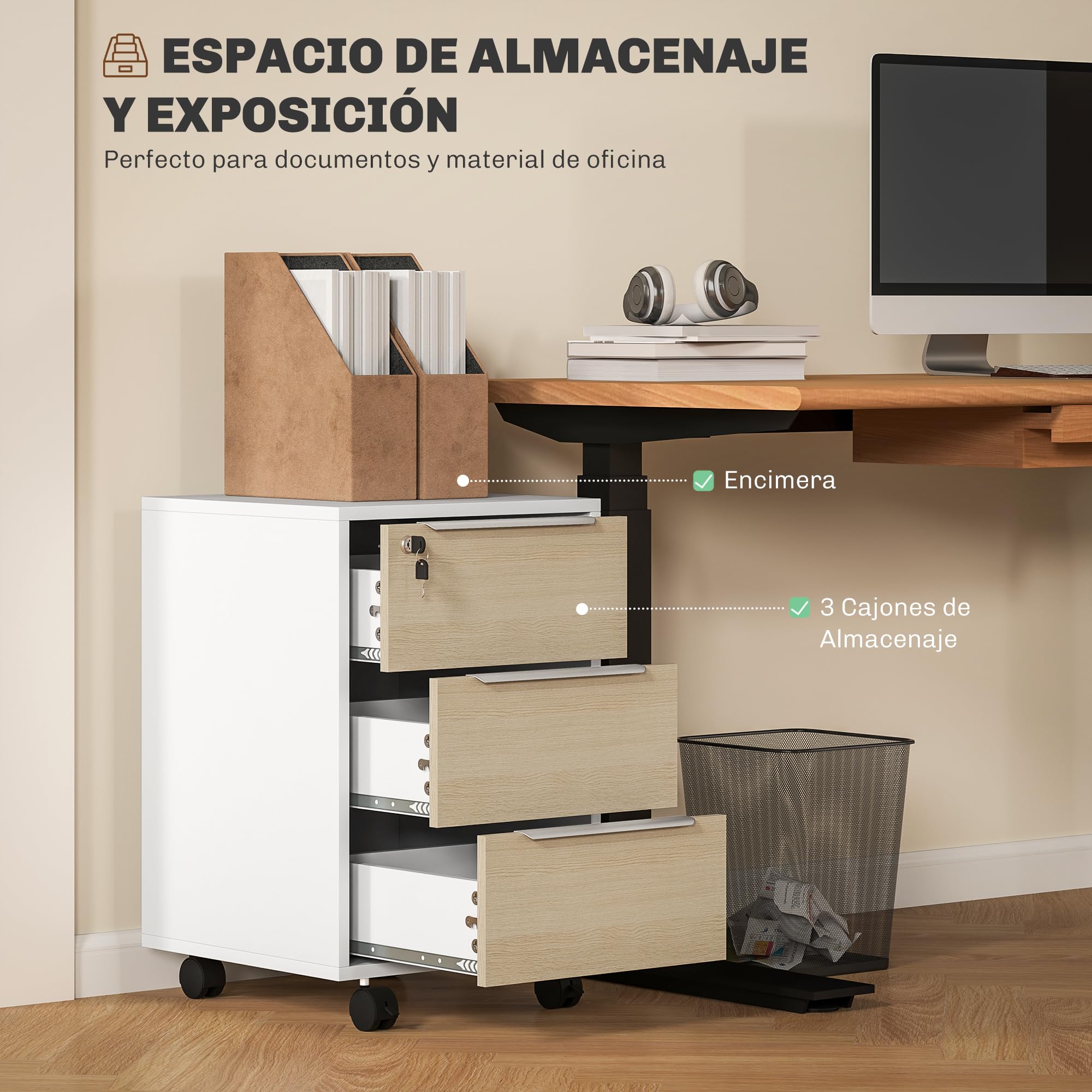 HOMCOM Cassettiera per ufficio su ruote 3 cassetti con serratura e 2 chiavi per sala studio 40x40x63,5 cm Bianco e rovere