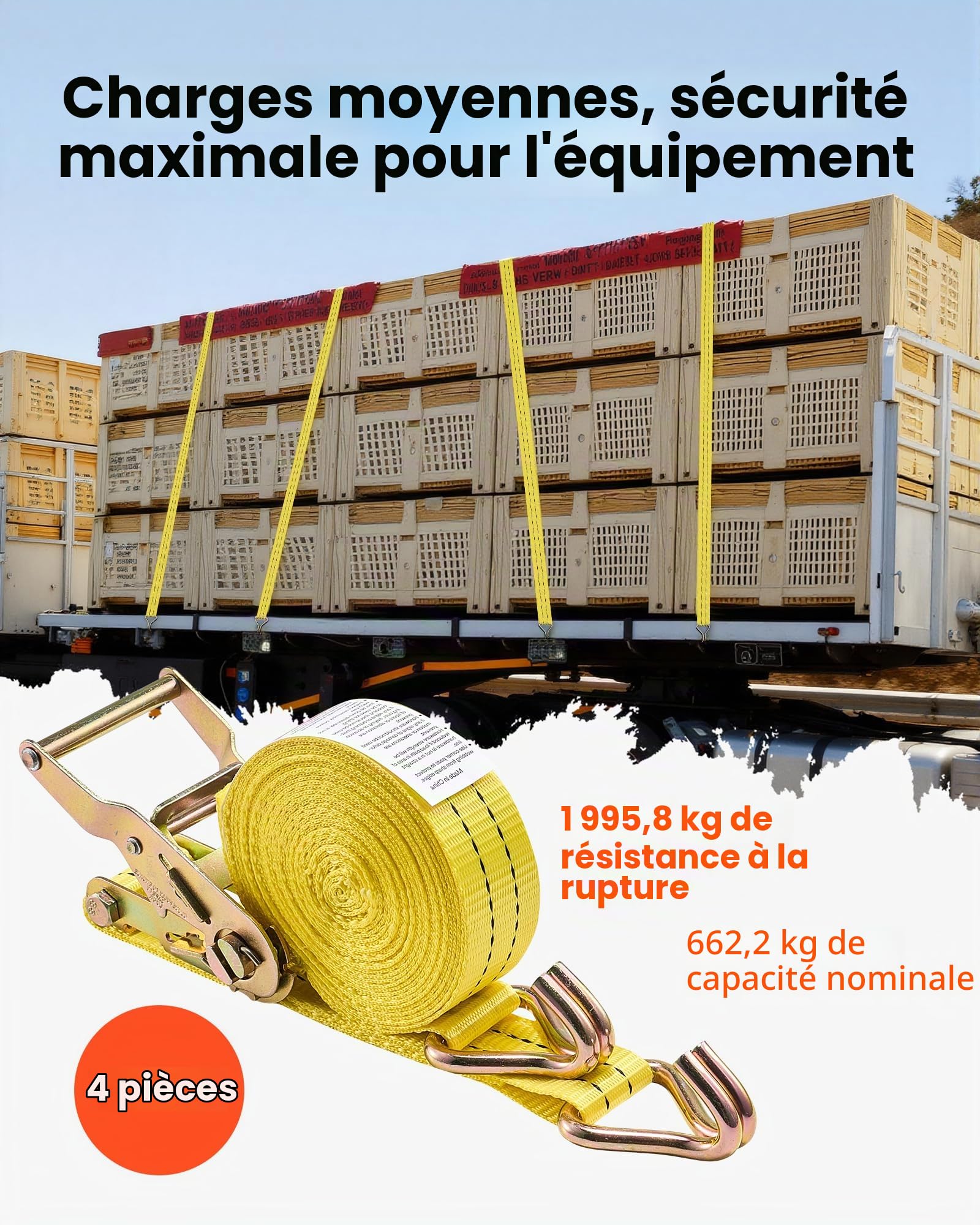 VEVOR Sangle à Cliquet 3,8 cm x 6 m Sangle d'Arrimage Lot de 4 Sangles de Chargement Fixation pour Déménagement Remorques Motos Kayaks Toit Voiture, avec Crochet Double J Résistance à Rupture 2000 kg