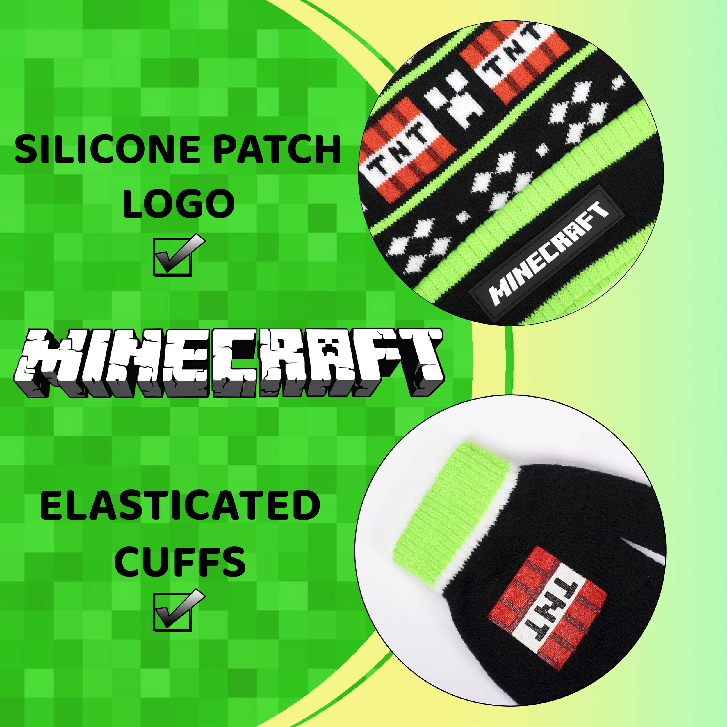 Minecraft Gorro y Guantes de Lana Negros para Niños - Diseño de Píxeles - Talla Única 6-12 Años - Mercancía Oficial