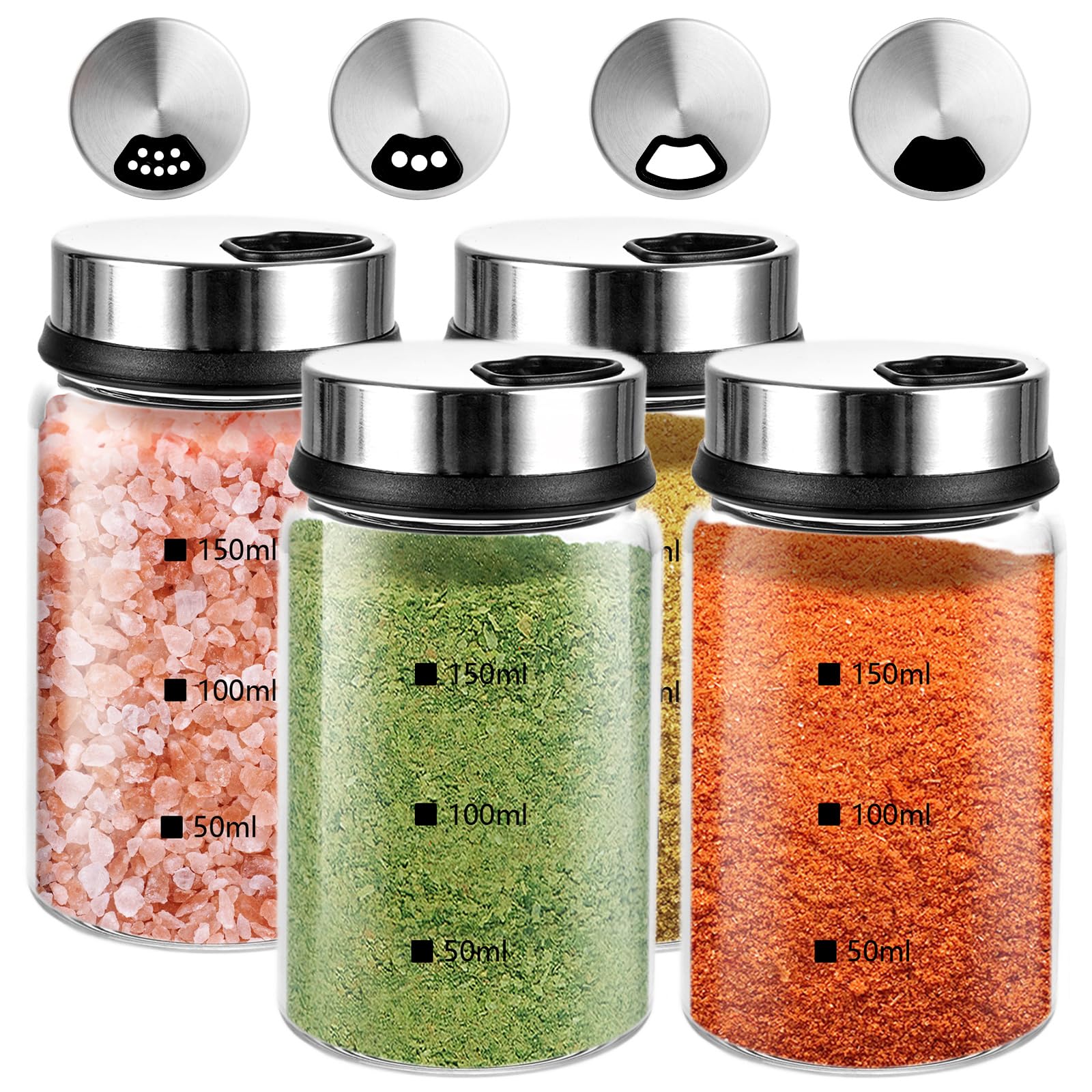 4 barattoli per spezie con coperchio girevole, 150 ml, saliera e pepe, contenitori per spezie con fori per spezie, in vetro borosilicato per cucina, grigliate all'aperto, cucina