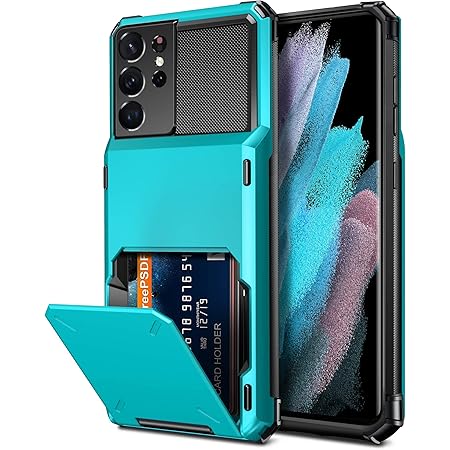 Vofolen for Galaxy S21 Ultra Wallet Case Credit Card Holder 4-Card Flip Men Women Cover Slot Back Pocket Dual Layer Protective Hybrid Hard Shell Bumper Armor Case for Samsung S21 Ultra 6.8 Light Blue