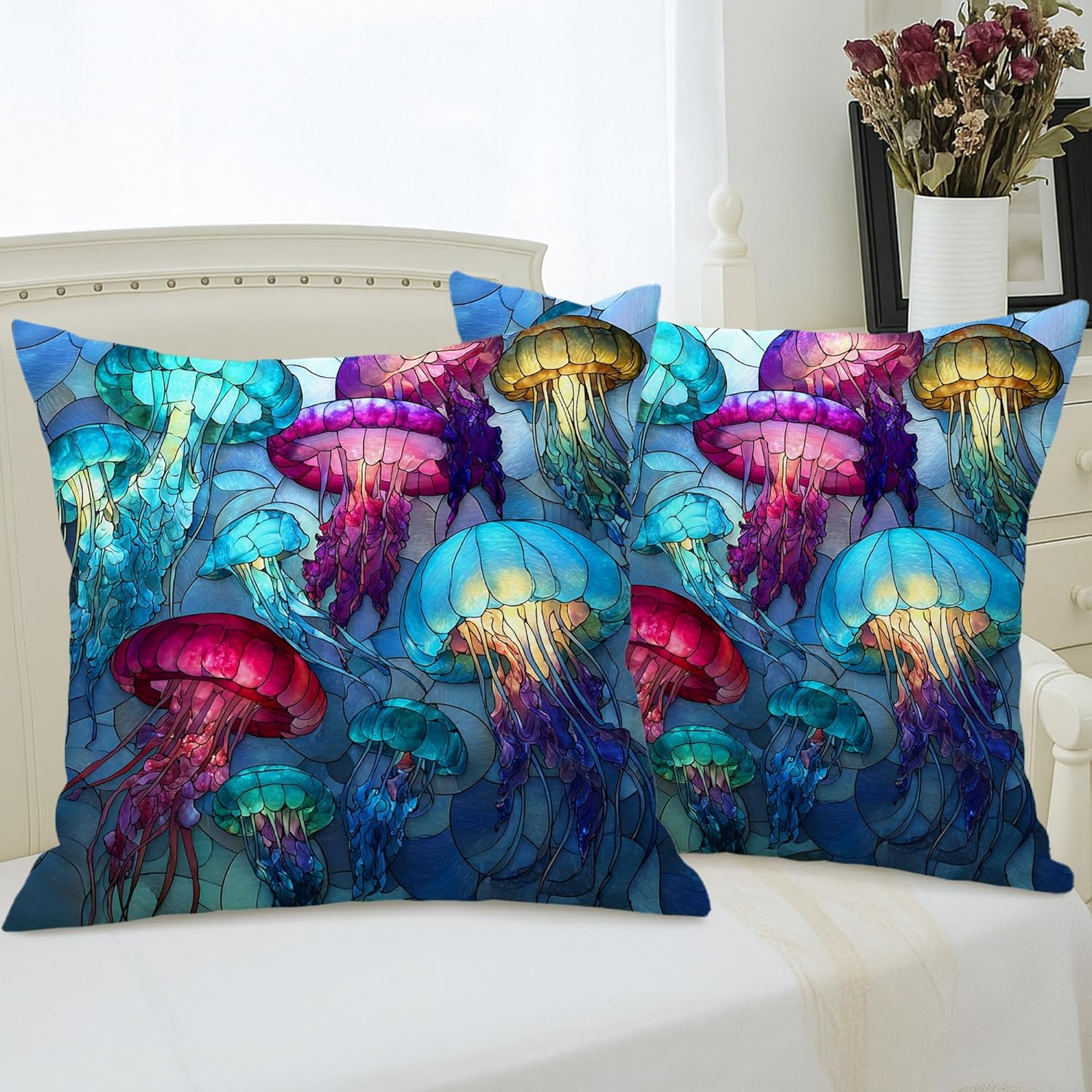 Colorful Jellyfish Throw Pillow Covers Set of 2, Ocean Inspired Decorative Cushion Cases for Home Sofa Bed Couch, Summer Beach Decor 24x24 Inch
