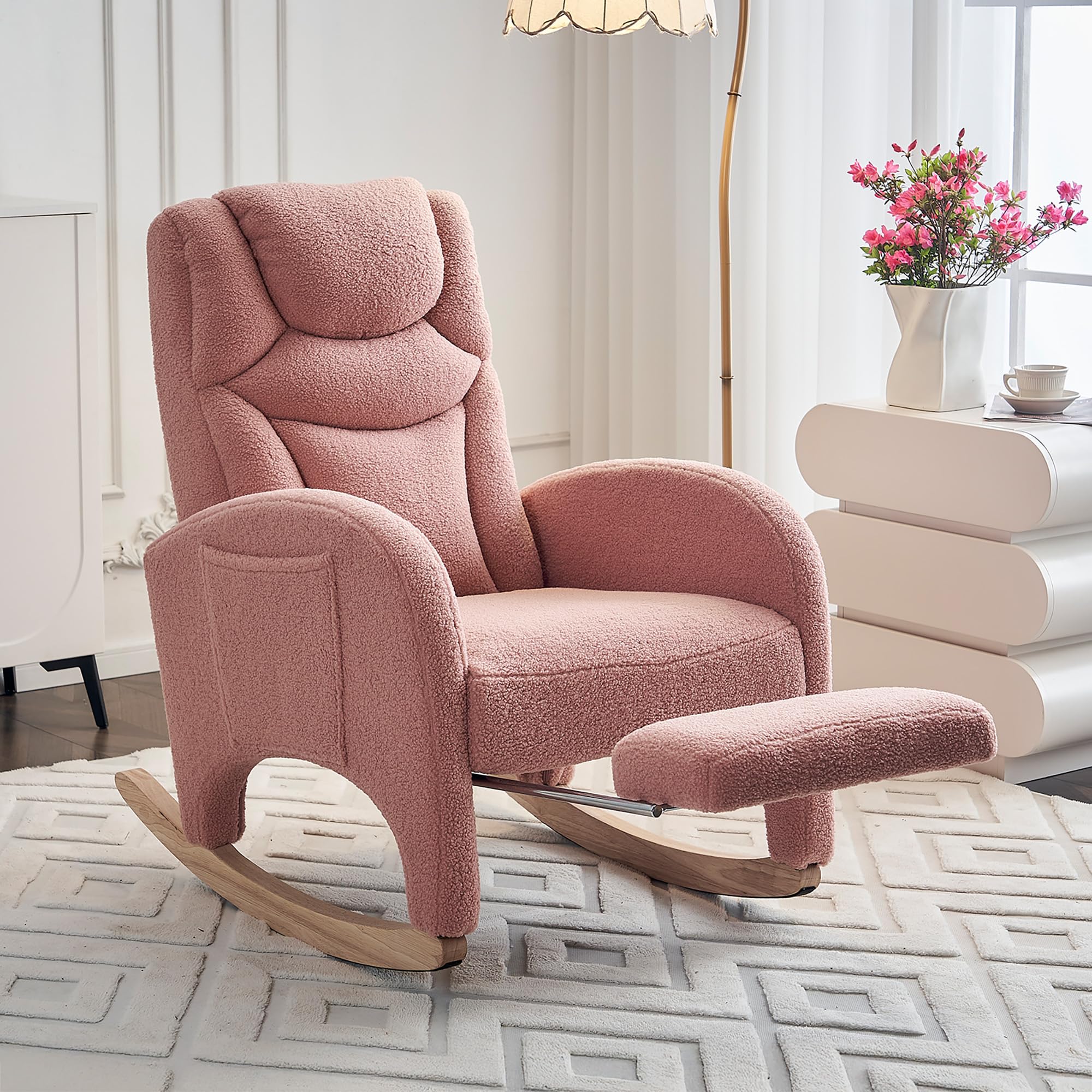 052 Mecedora, sillón relax, silla de salón con reposabrazos, mecedora acolchada, silla acento para dormitorio, tela de peluche rosa, capacidad de carga de 110 kg