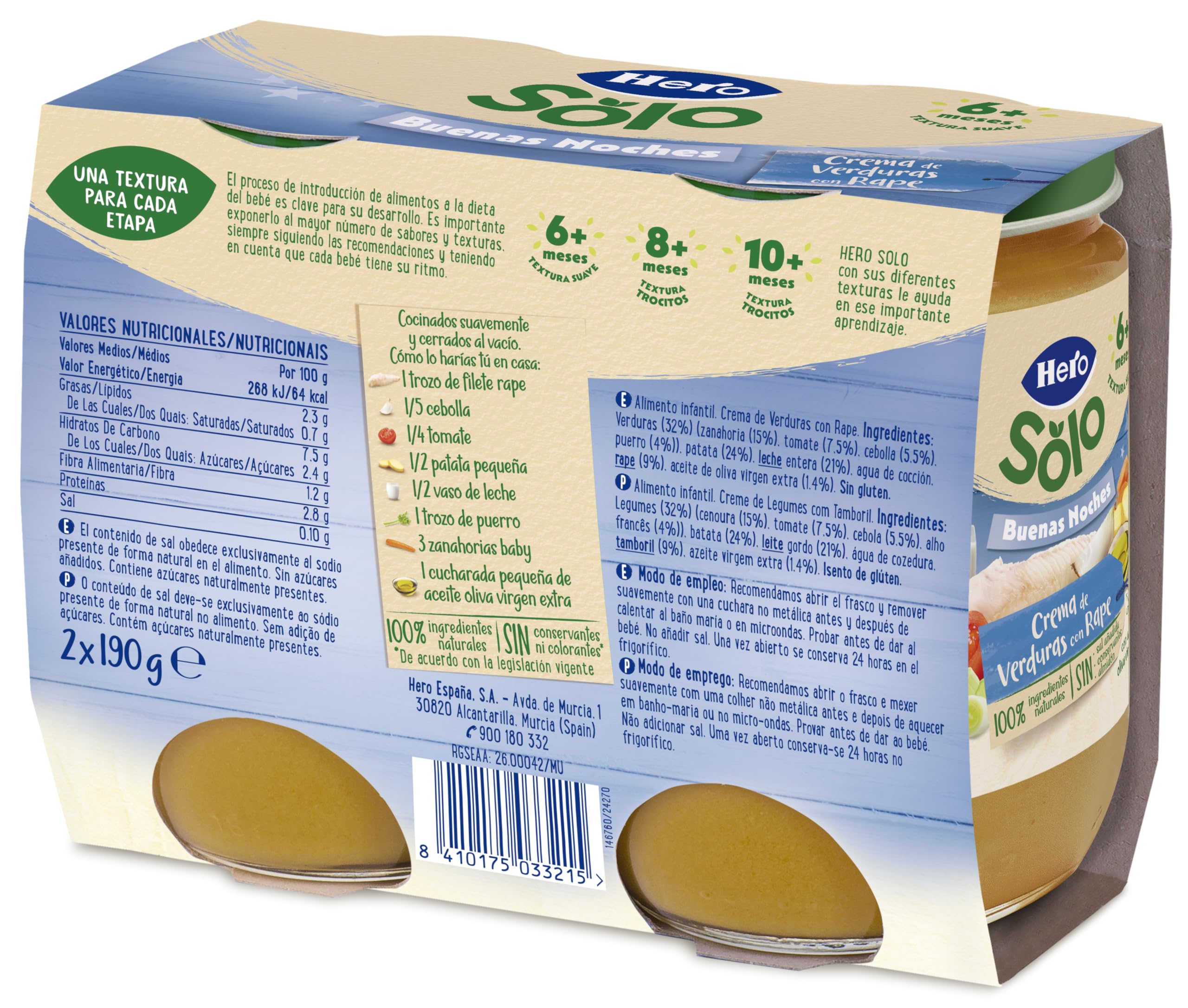 Hero Baby - Tarritos Infantiles, Buenas Noches Tarritos de Crema de Verduras con Rape, Alimento Infantil para Bebés a Partir de los 8 Meses - 190 g (Paquete de 12)