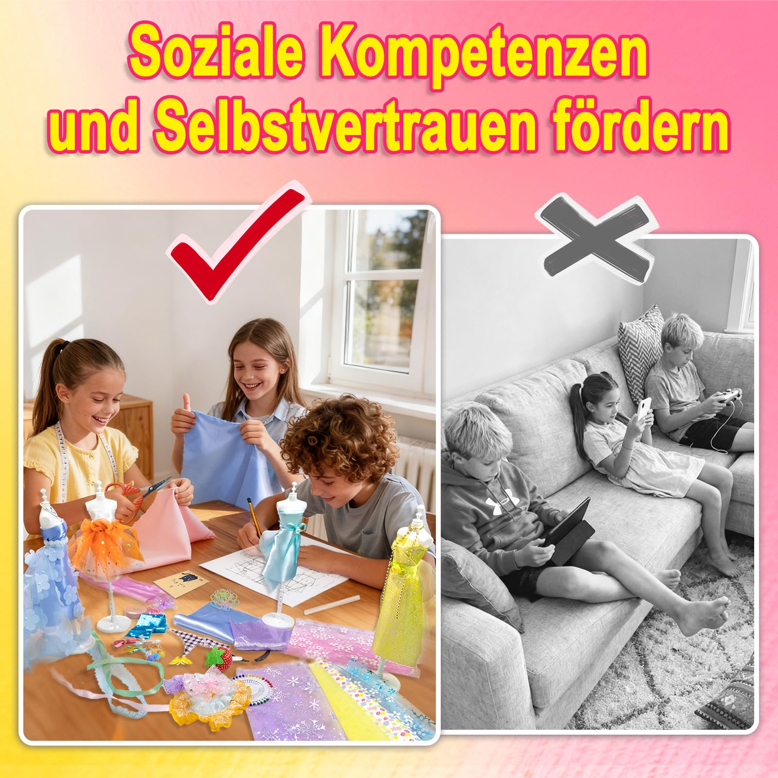 Beanewone Modedesign Mädchen 1000+ Stücke, Nähsets Kinder Enthält 30 Stoffstücke und 6 Schneiderpuppe, Fashion Design Basteln ab 6 Jahre, Modedesign Mädchen Bastelset ab 6 7 8 9 10 11 12+ Jahre