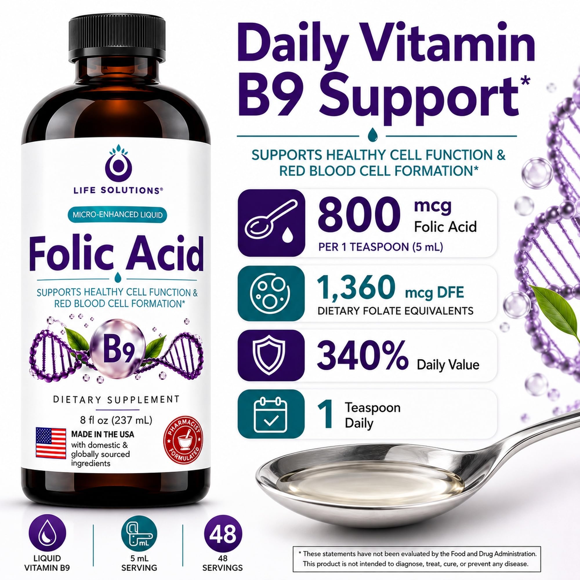 Life Solutions Liquid Vitamin B9 Folic Acid 800mcg Berry - 8oz — Amazon image 2