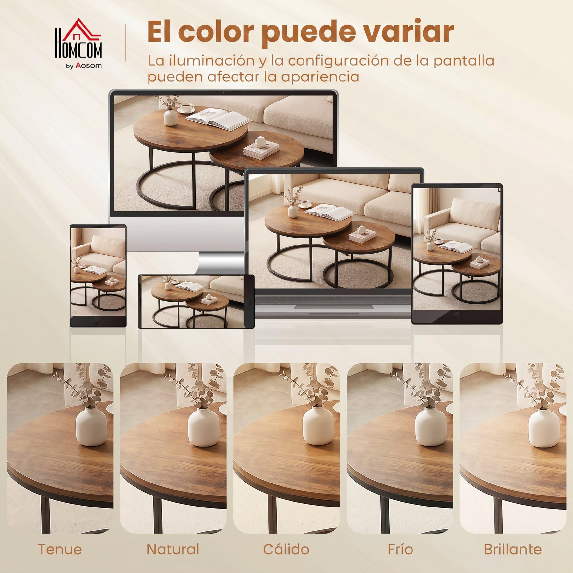 HOMCOM Set de 2 Mesas de Centro Redondas Nido, 60x60x 45 cm, Marrón | Industriales, Estructura Metálica, Salón, Dormitorio u Oficina