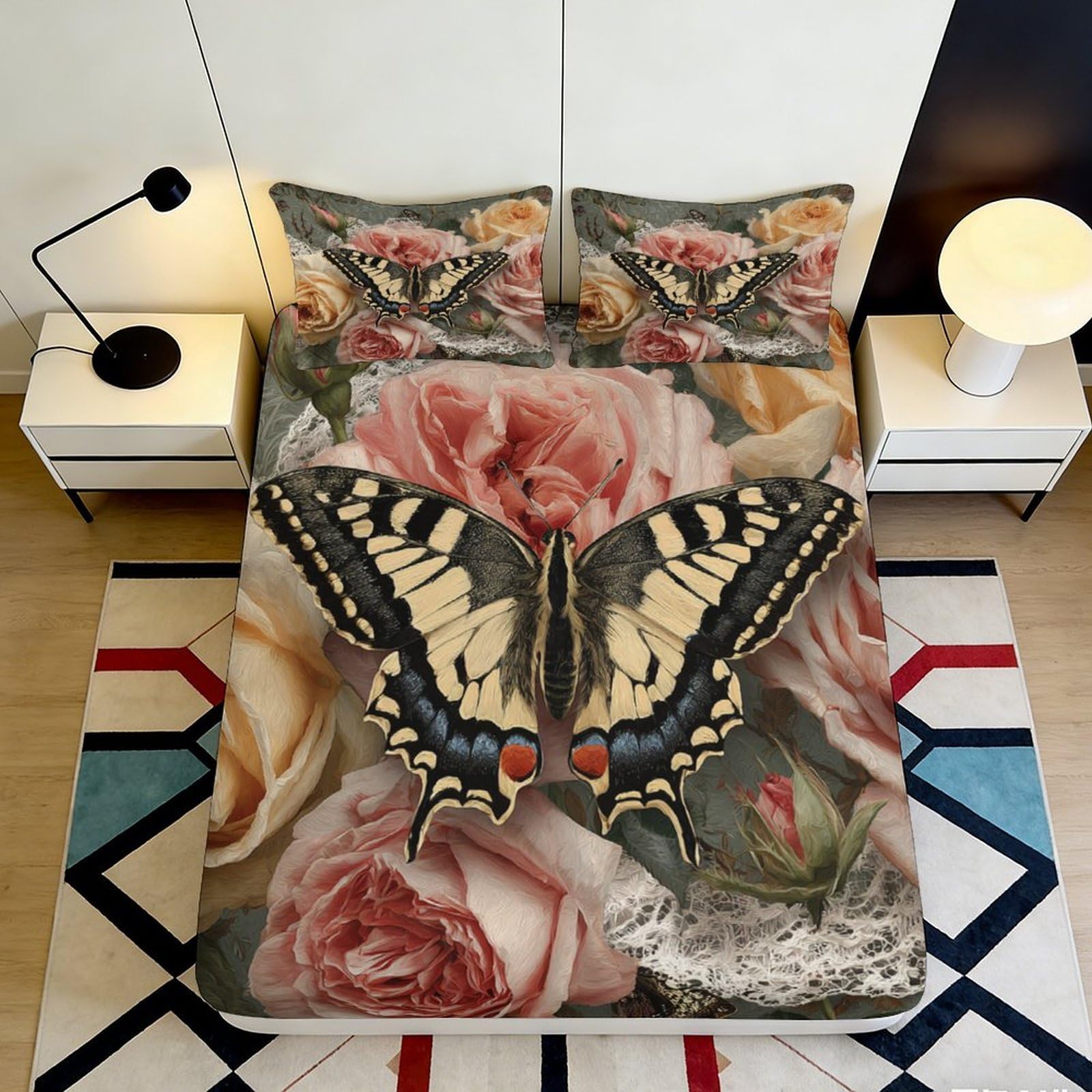 Jqzkxnhpbr Style-1 3D Printed Butterfly Rose Fitted Sheet Microfiber Soft Anti-Slip Mattress Cover For Bedroom Guest Room Easy Care Decor 90X200x25cm