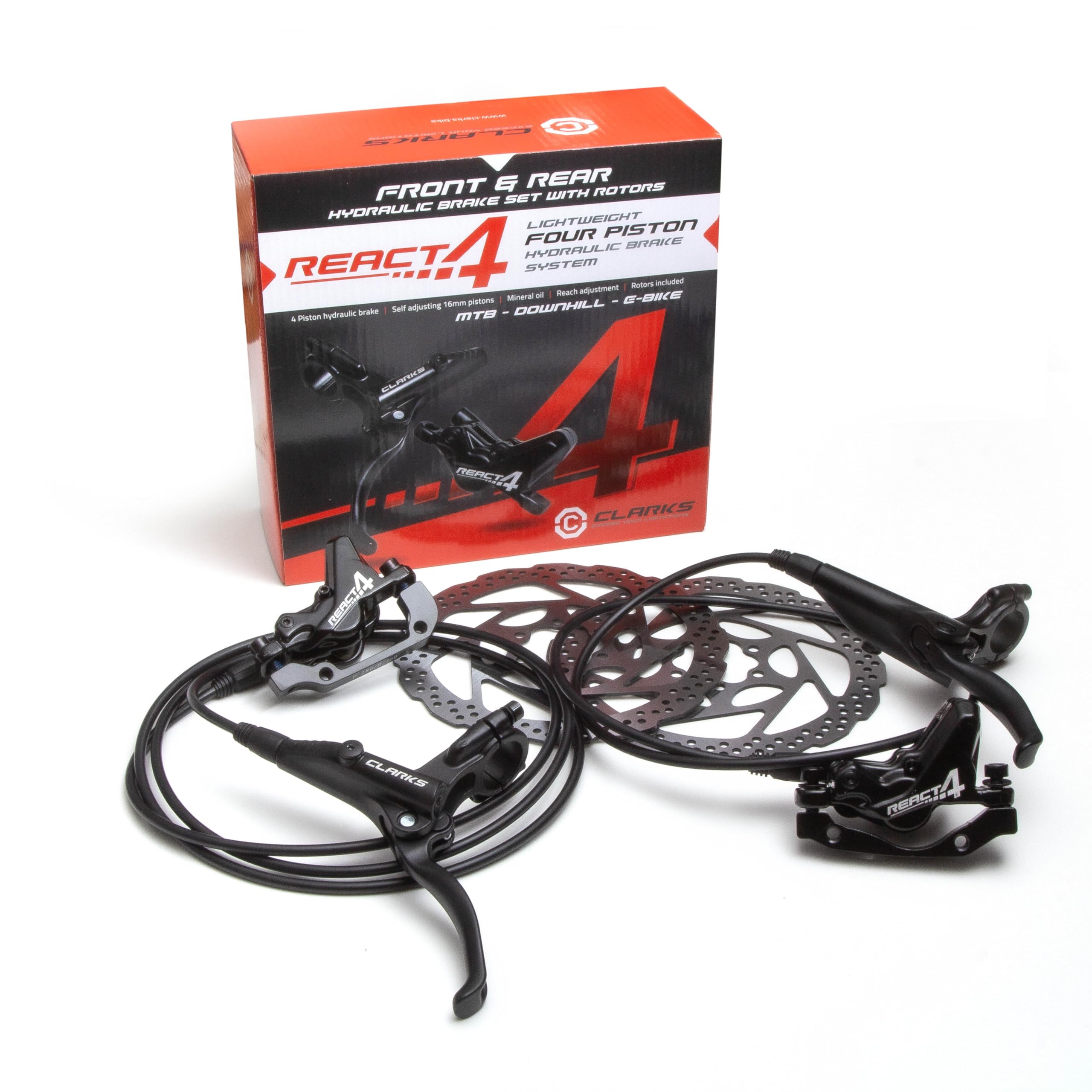 Clarks Cycle Systems React-4 Piston Front & Rear Hydraulic Disc Brake Set, Black, 160/160mm
