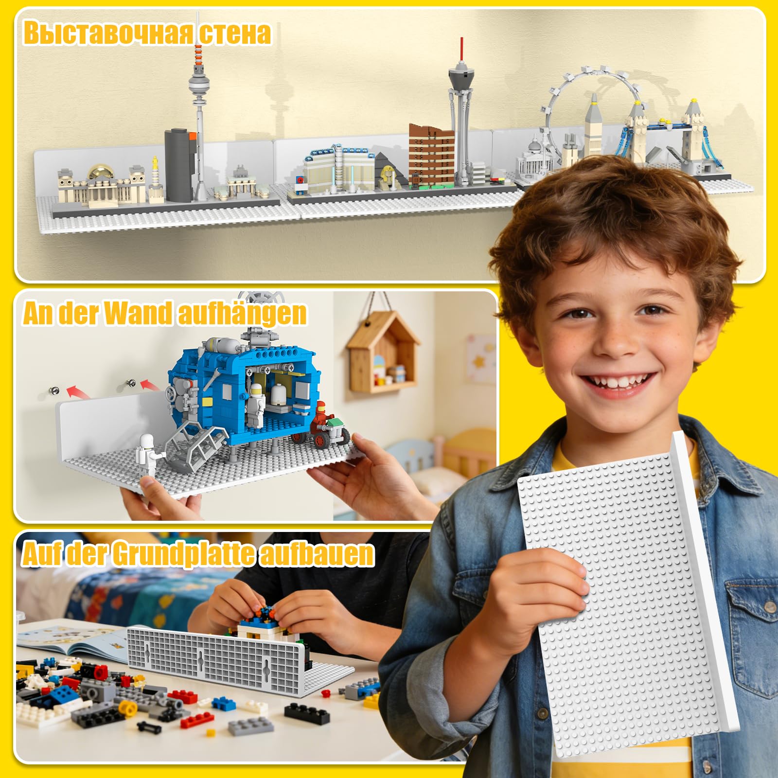 4er-Set Wandregal Bausteine Regal Groß, ABS Schweberegal & Wandboards | 28,7x16cm mit beidseitig 36x20 Noppen, Vitrine & Display für Baustein, Weiß