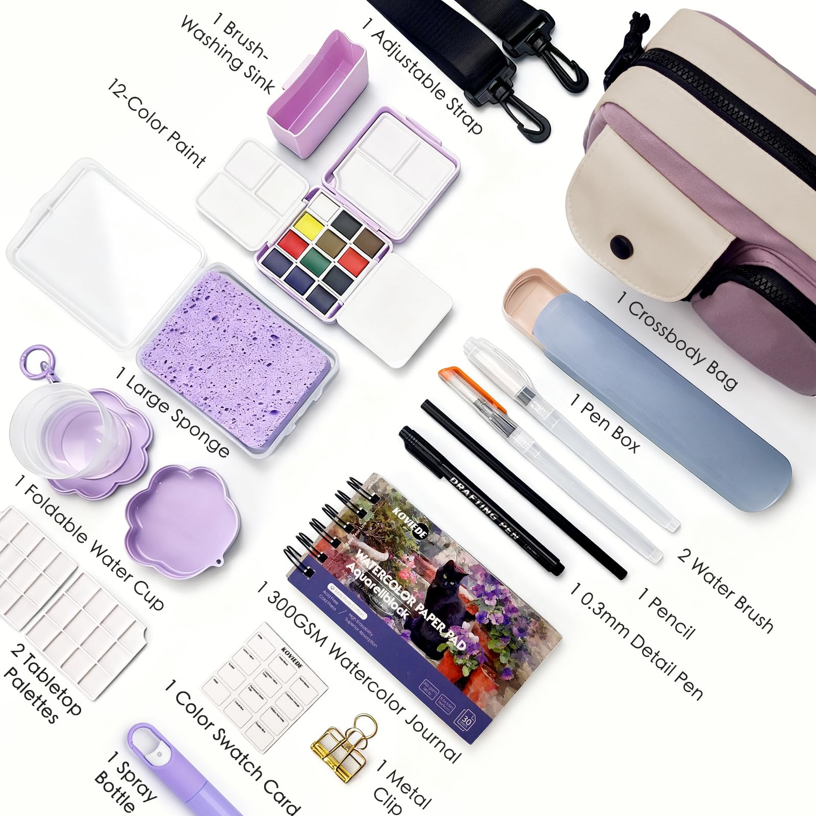 Mini zestaw do malowania akwarelowego, kieszonkowy zestaw podróżny wszystko w jednym, 12 kolorów, torba crossbody, dziennik akwarelowy 300 g/m², składany kubek na wodę, gąbka, metalowy klips i
