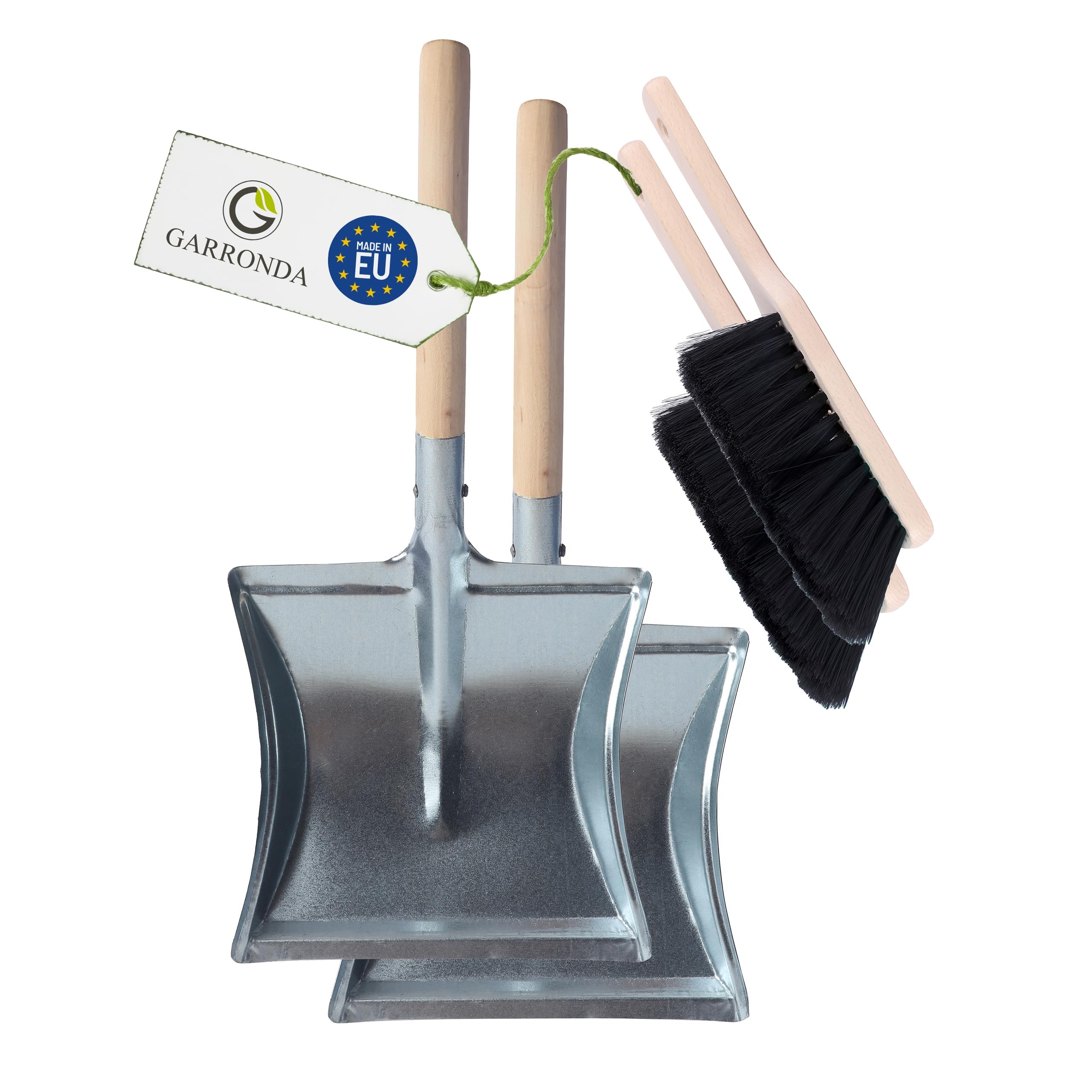 Garronda Kehrschaufel Set 2 Stück mit Metallschaufel mit Holzgriff und Handfeger aus Holz und Synthetik Kehrblech Kehrbesen für Haushalt GD-0010 (Schwarz + Silber)