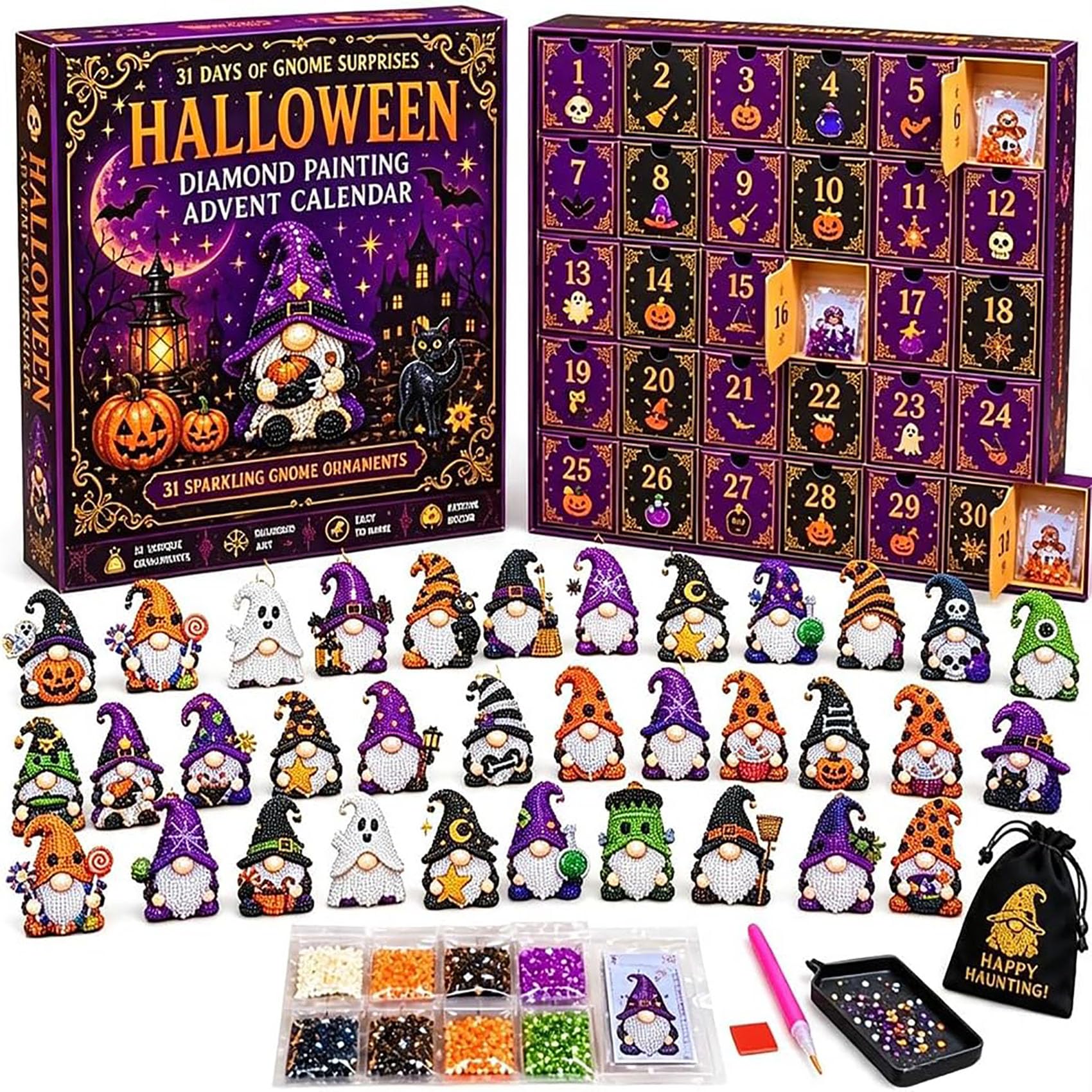 Calendario dell'Avvento con pittura con diamanti di Gnome Halloween | Kit Fai-da-Te con 31 Ornamenti a Forma di Gnomo, Set Completo di Diamond Painting con Strumenti e Perline, Regalo Creativo