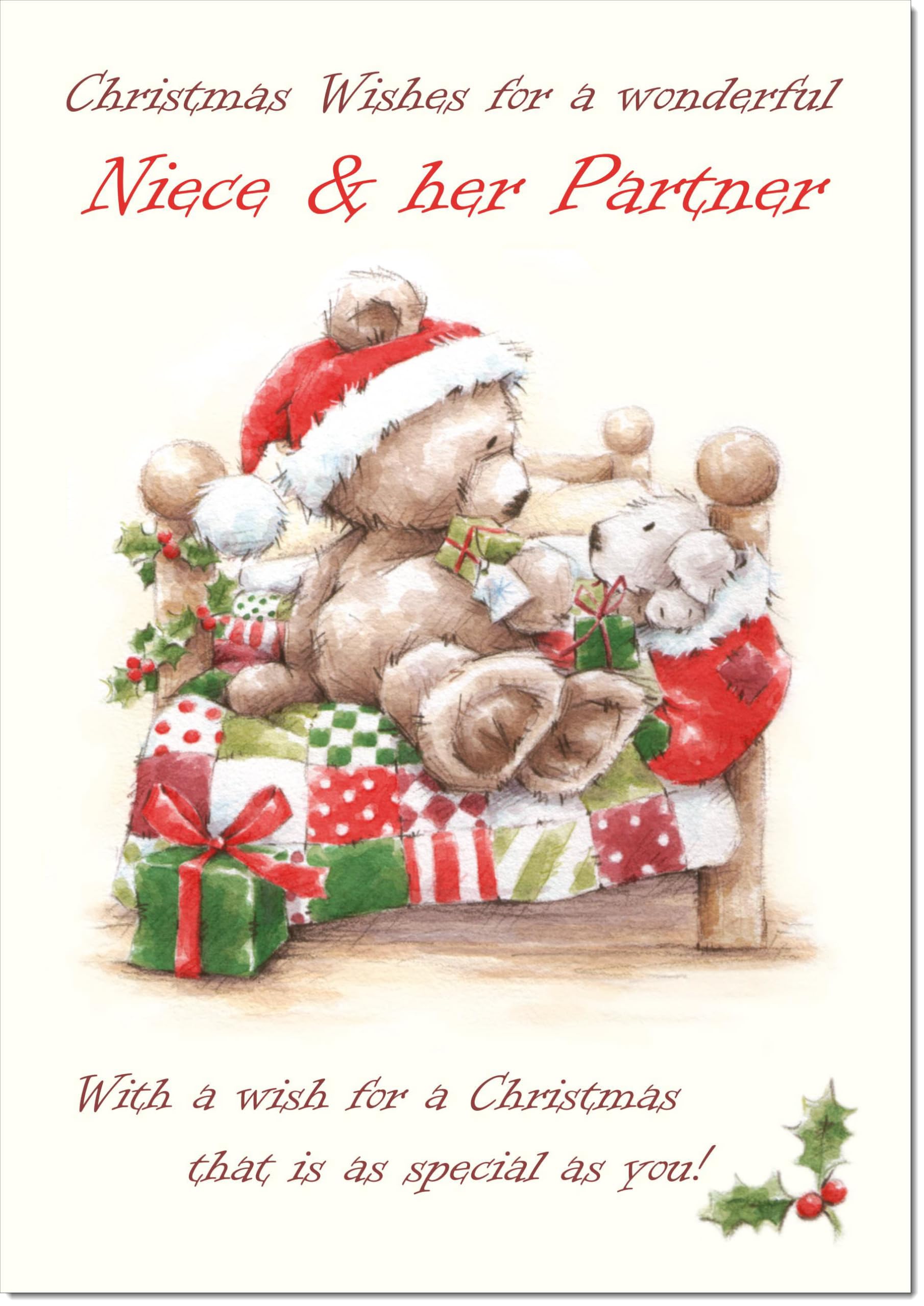 doodlecards Niece and Partner Christmas Card Cute Bear on Bed Large A4 Size Christmas Card for Niece & Partner with Plain Envelope