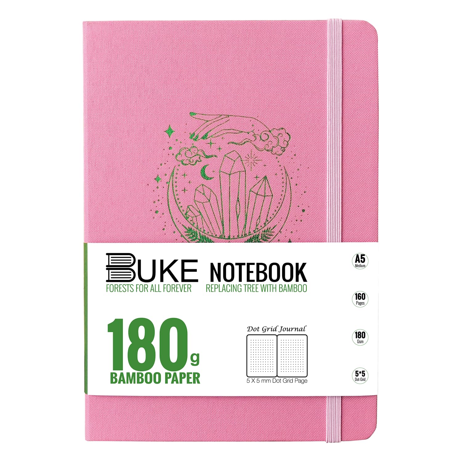 BUKE A5 Size Dotted Notebook Dot Grid Journal 180Gsm Bamboo White Supper Thick Paper, 5 * 5MM Dot Grid 160 Pages, Colored Silver Edges, Waterproof