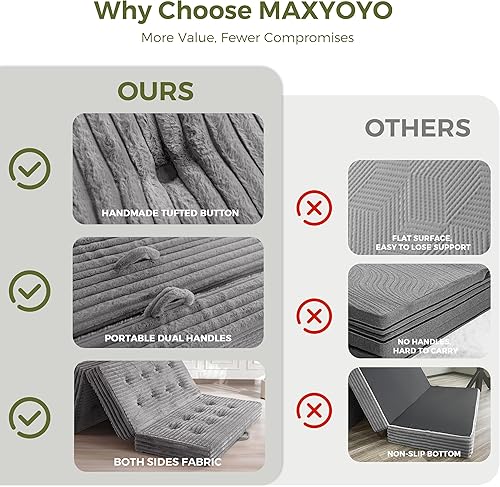 Miniatura 6 de MAXYOYO Colchón plegable con asas, sofá cama de tres pliegues de 6 pulgadas, cama plegable de piel sintética suave con relleno de espuma de apoyo,