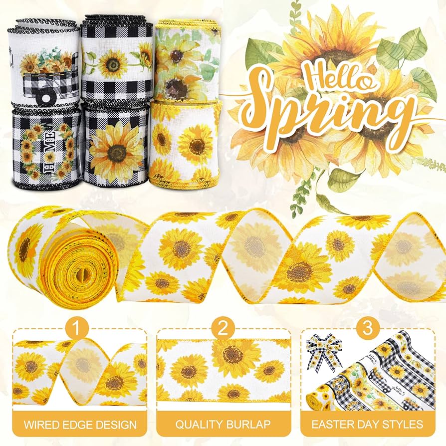 sunflower ribbon品 Amazon.com: Whaline 36 Yard Sunflower Wired Edge Ribbon 6