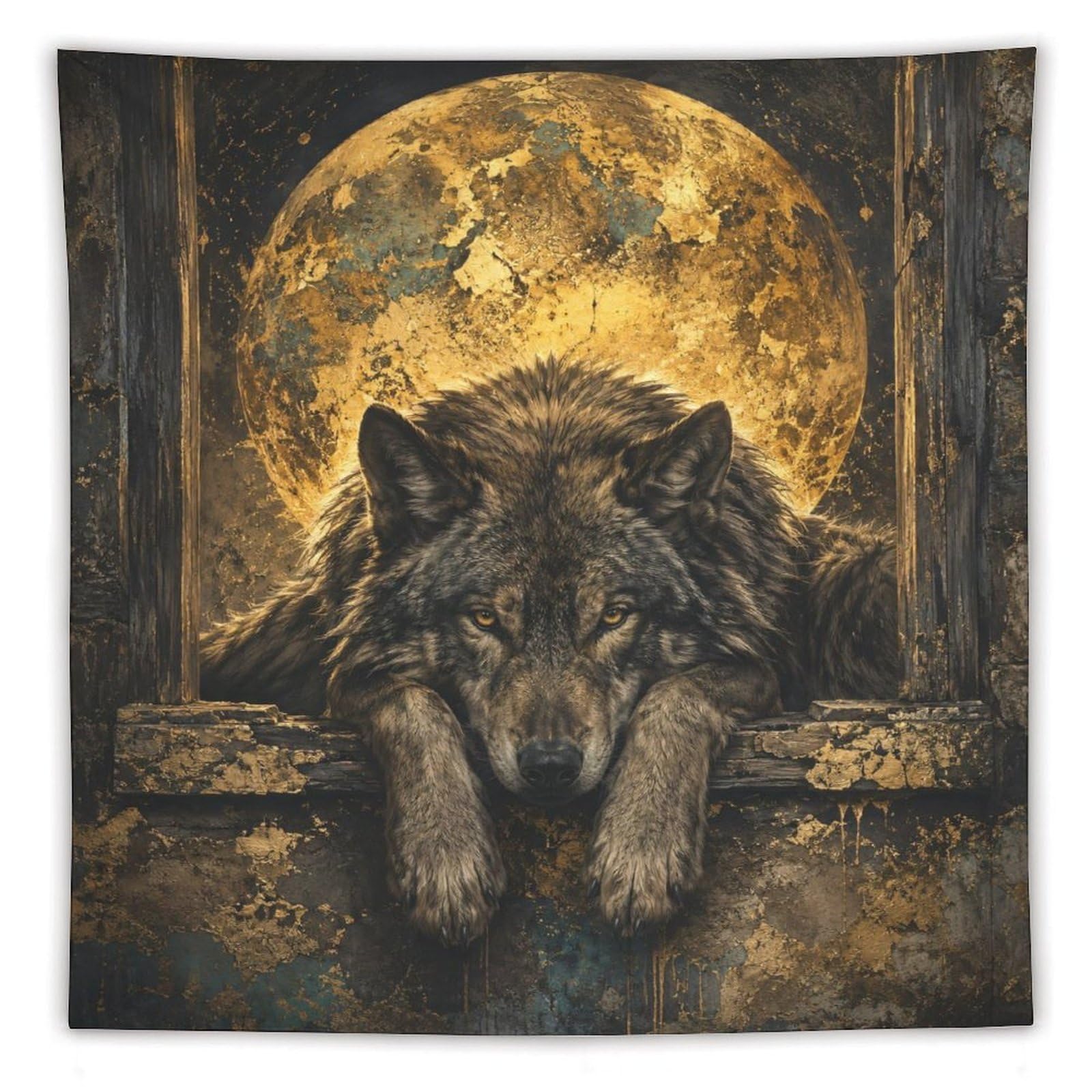 Black Wolf Golden Moon Wall Tapestry, Oil Painting, Rustic Wildlife
