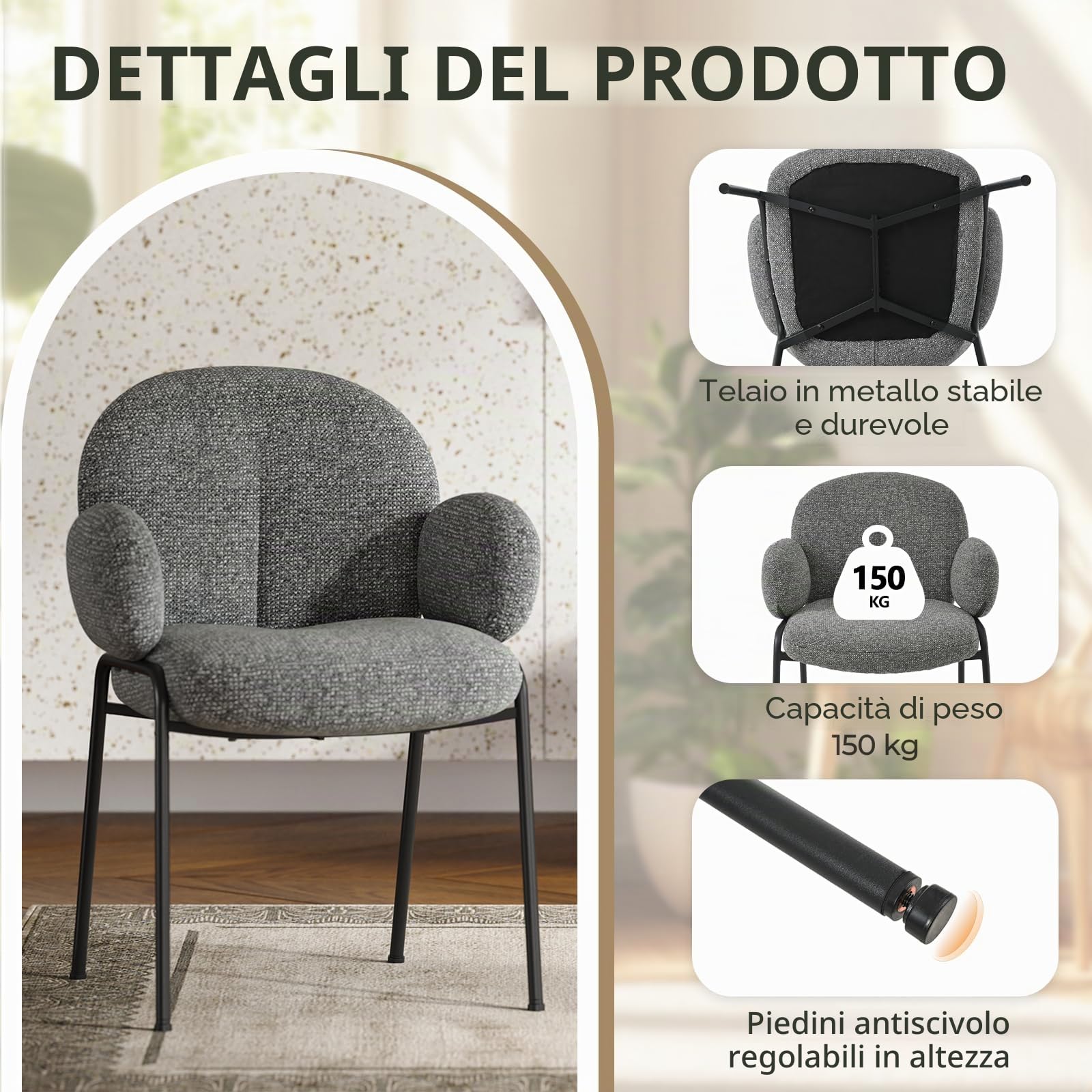 Set di 2 sedie da sala da pranzo, grigio scuro con bracciolo, moderne sedie imbottite con schienale alto, struttura in metallo, piedini regolabili in altezza, per soggiorno, sala da pranzo