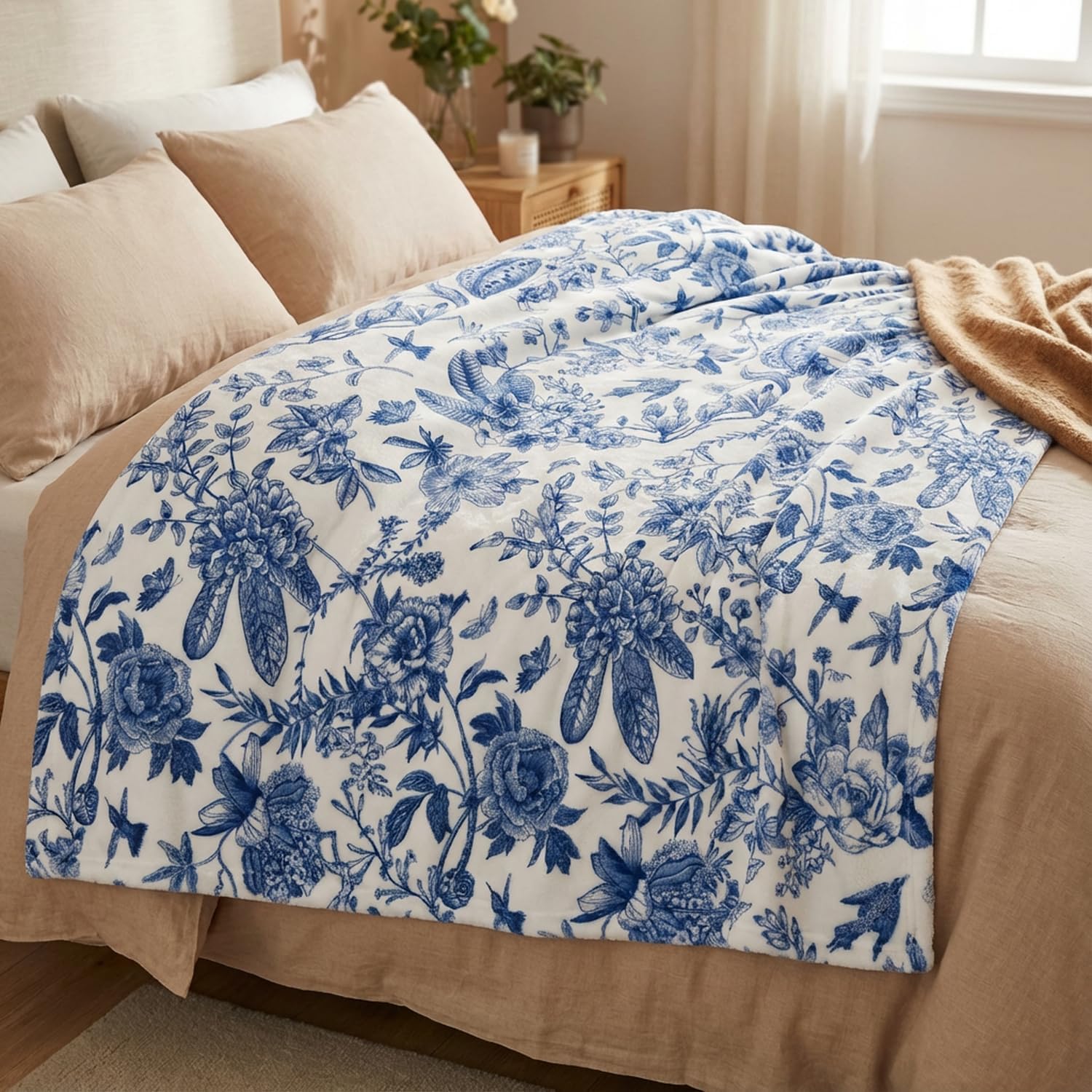 Horaldaily Spring Summer Flannel Blanket Throw, Blue Hand-Drawn Flowers Soft Fuzzy Plush Cozy Fleece Blankets for Couch Sofa Bed Lounging, Ideal Gifts for Kids Adults Self, 50x60 - Image 3