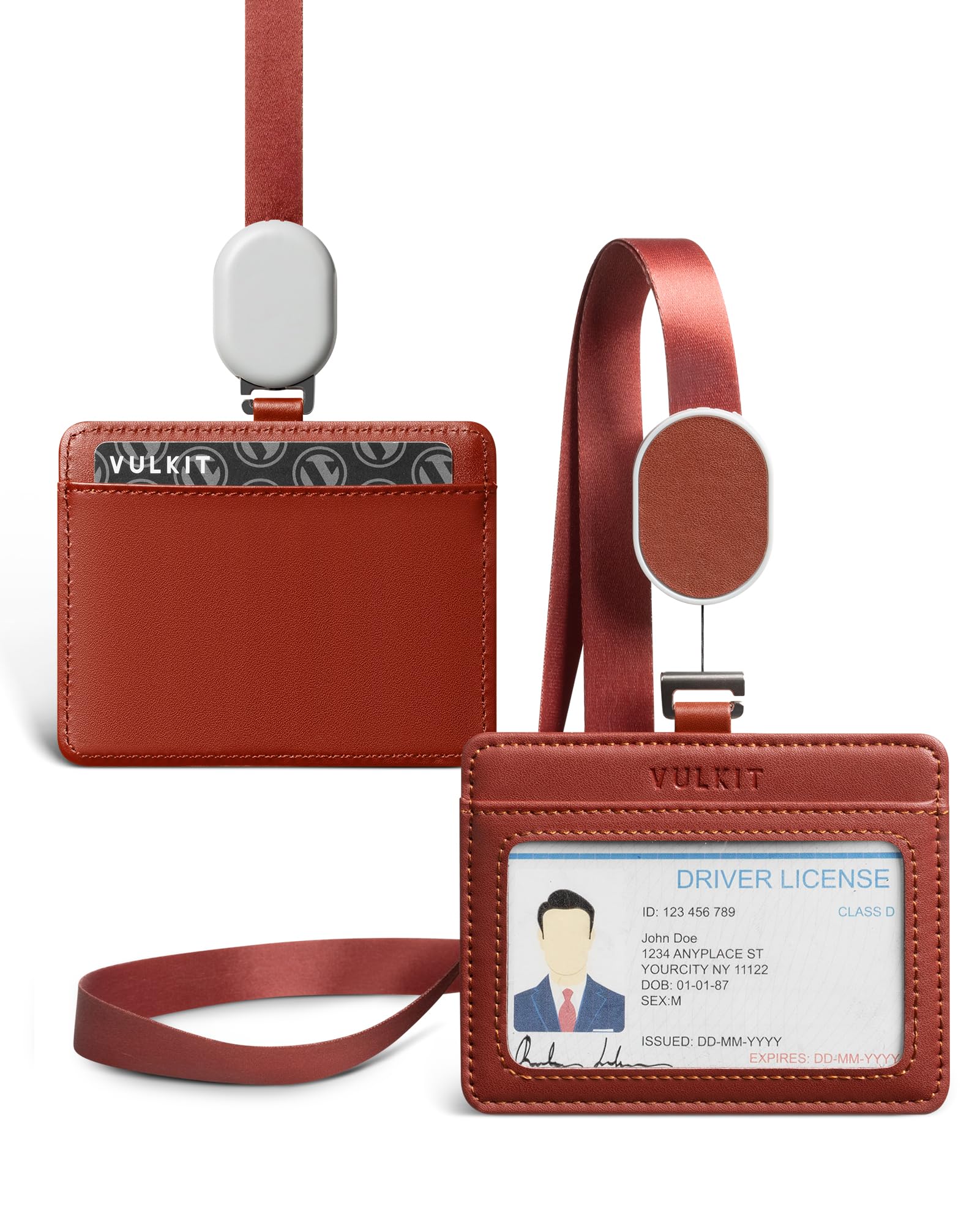 VULKIT Retractable Lanyard with Card Holder Horizontal ID Badge Holder for Men or Women Bus Pass Holder Leather ID Card Holders, Red