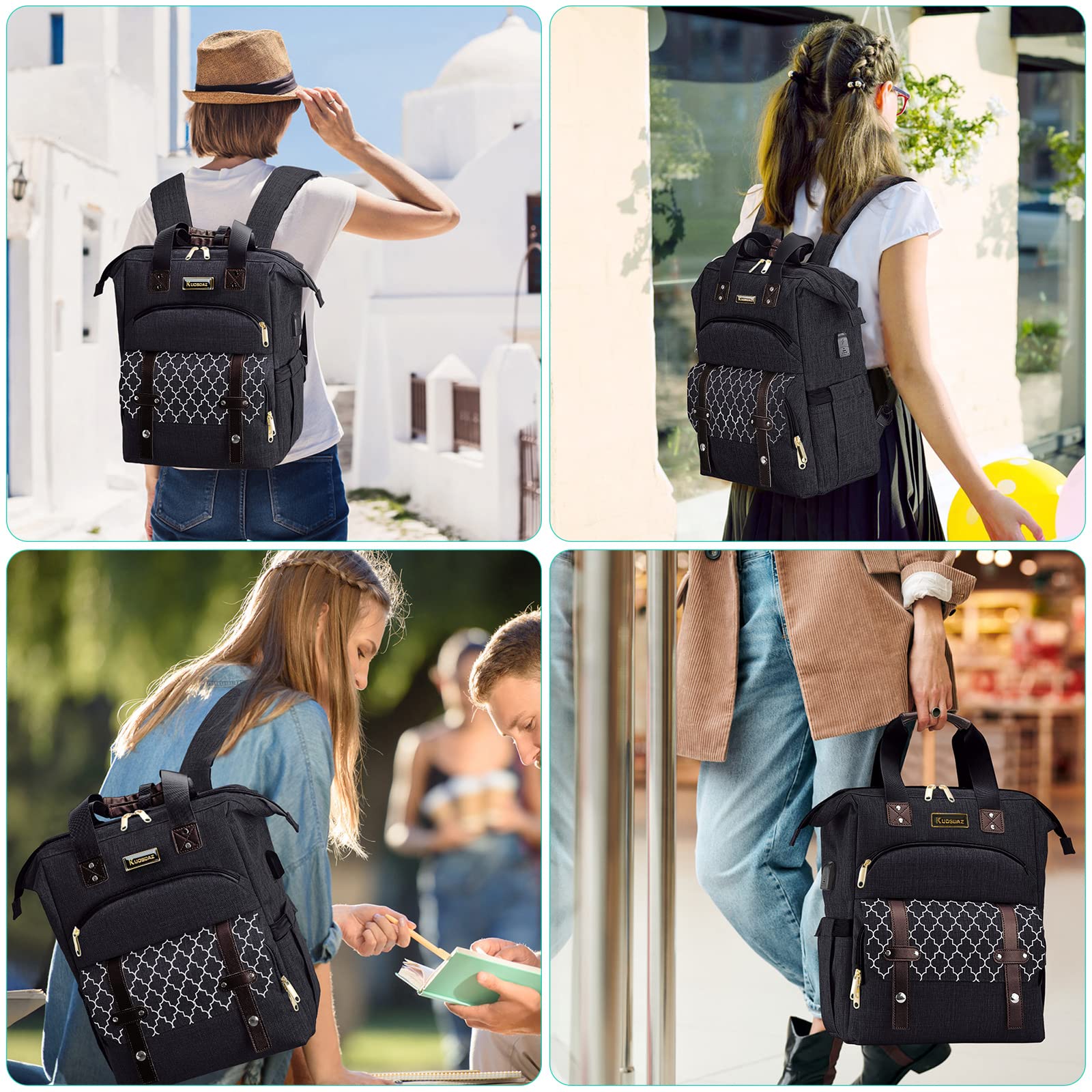 Rucksack Damen, Schulrucksack Mädchen Teenager mit USB Ladeanschluss & Laptopfach, 15,6 Zoll Laptop , lässiger Tagesrucksack , Anti-Diebstahl für Arbeits Reise, Schwarz