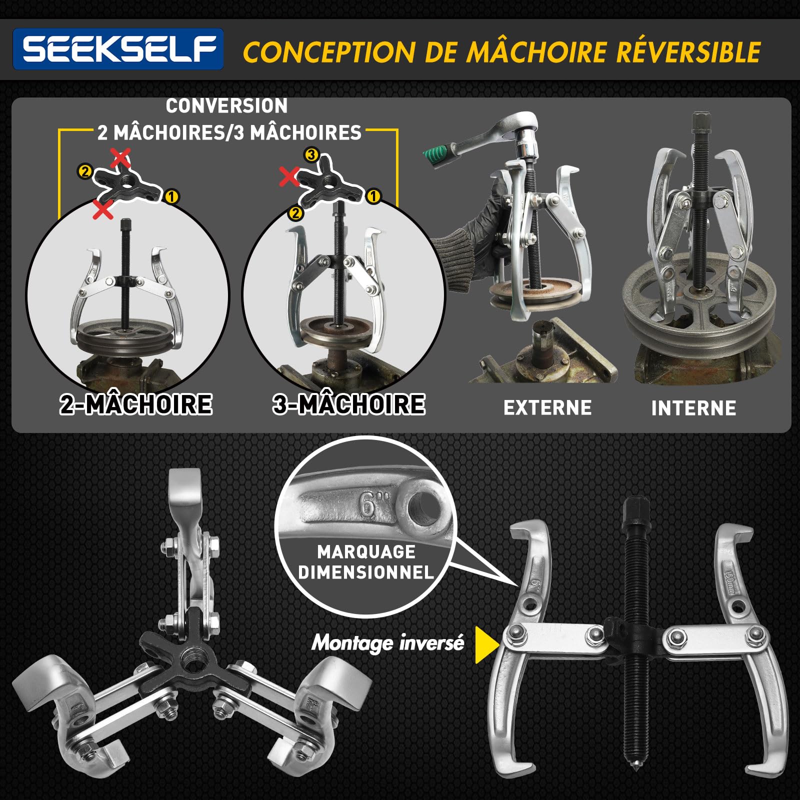 Ensemble d'extracteur de roue 3" 4" 6" 8", Kit d'extracteur de roulement 2-griffes/3-griffes avec clé dynamométrique, outil de traction robuste, griffes réversibles pour l'enlèvement de