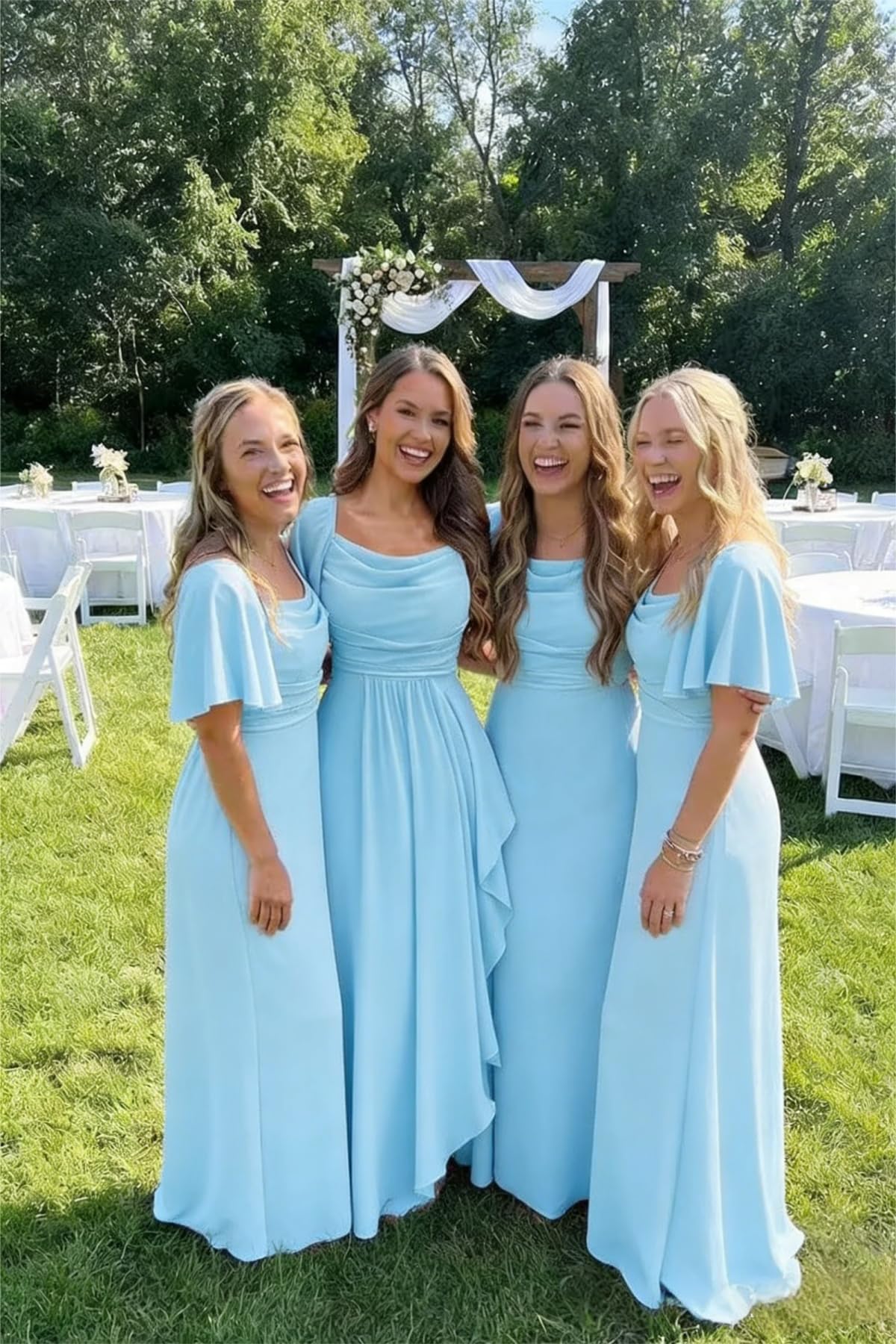 Damen Kurzarm Brautjungfernkleider Lang Chiffon Abendkleid Rüschen A Line Formelles Maxi Festkleid Für Hochzeitsgast