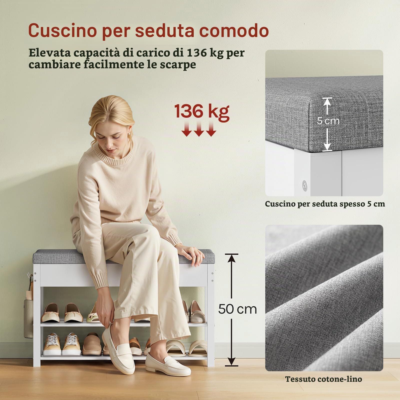 WOLTU Panca Scarpiera con Scomparto Nascosto, 2 Ripiani e 2 Ganci, Portascarpe con Seduta Imbottita, Struttura in Metallo, per Ingresso e Camera da Letto, 80x30x50 cm, Bianco+Grigio Chiaro