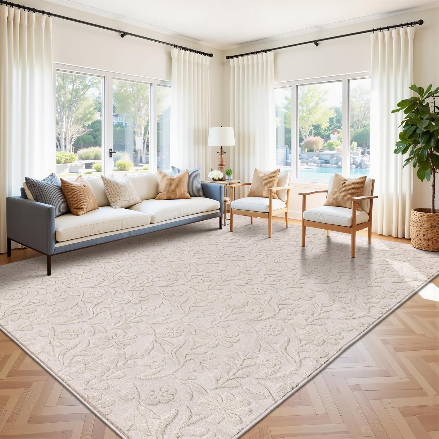 Vaukki 8x10 Area Rug for Living Room, Soft Fluffy Washable Modern Floral Indoor Floor Mat, Non Slip Shaggy Boho Accent Throw Carpet for Bedroom, Living Room, Nursery and Dining Room, Beige