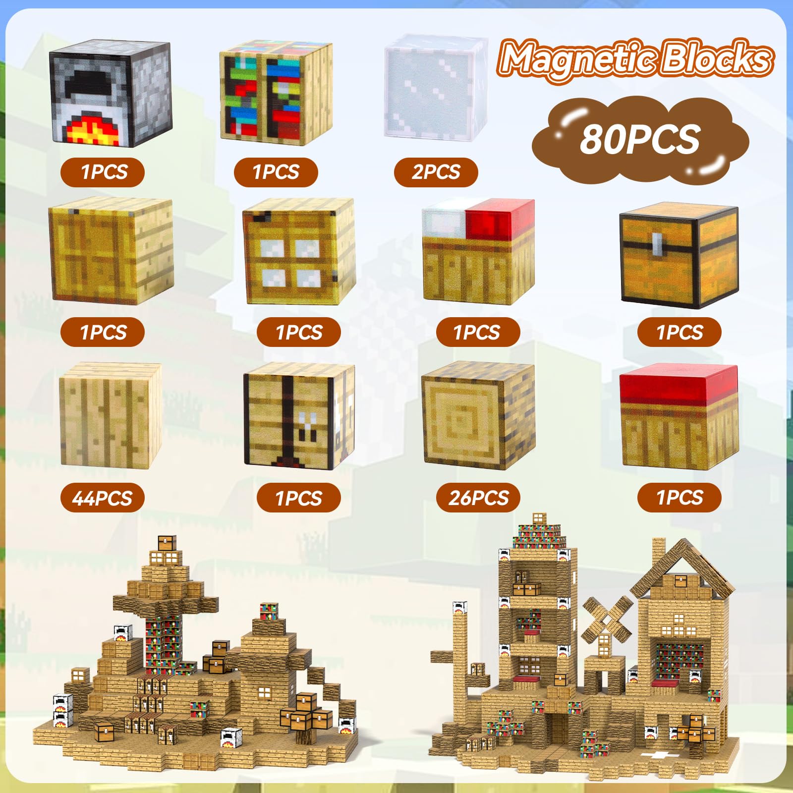 80 Pezzi Blocchi da Costruzione Magnetici,Build Mine Magnets World Set,Blocchi Magneti Set Giocattoli per Bambini,Giocattoli da Costruzione Magnetici Montessori per Ragazze di età Superiore a 3 anni