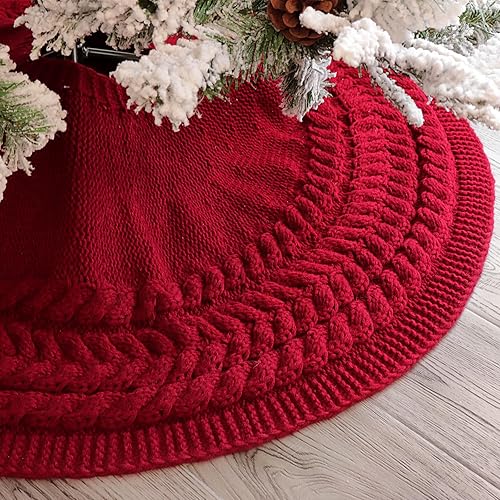 Miniatura 6 de Falda de árbol de Navidad de 36 pulgadas anillos anuales de punto trenzado grueso, falda redonda de árbol rojo vino, decoraciones rústicas para