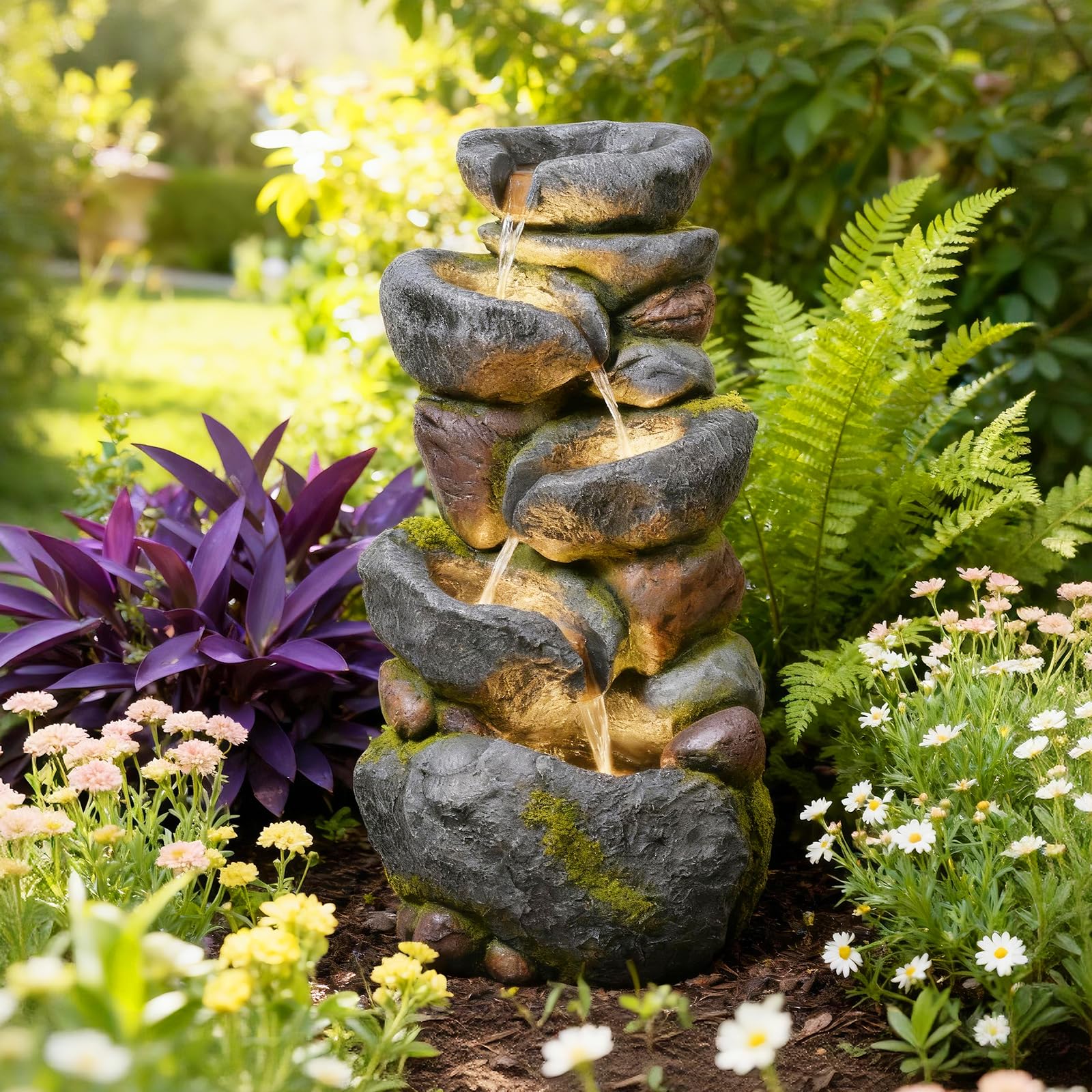 36.2" h outdoor water fountain with led lights - 5 tier cascading rock outdoor fountains and waterfalls for garden or patio, yard, and deck decor, featuring natural stone look