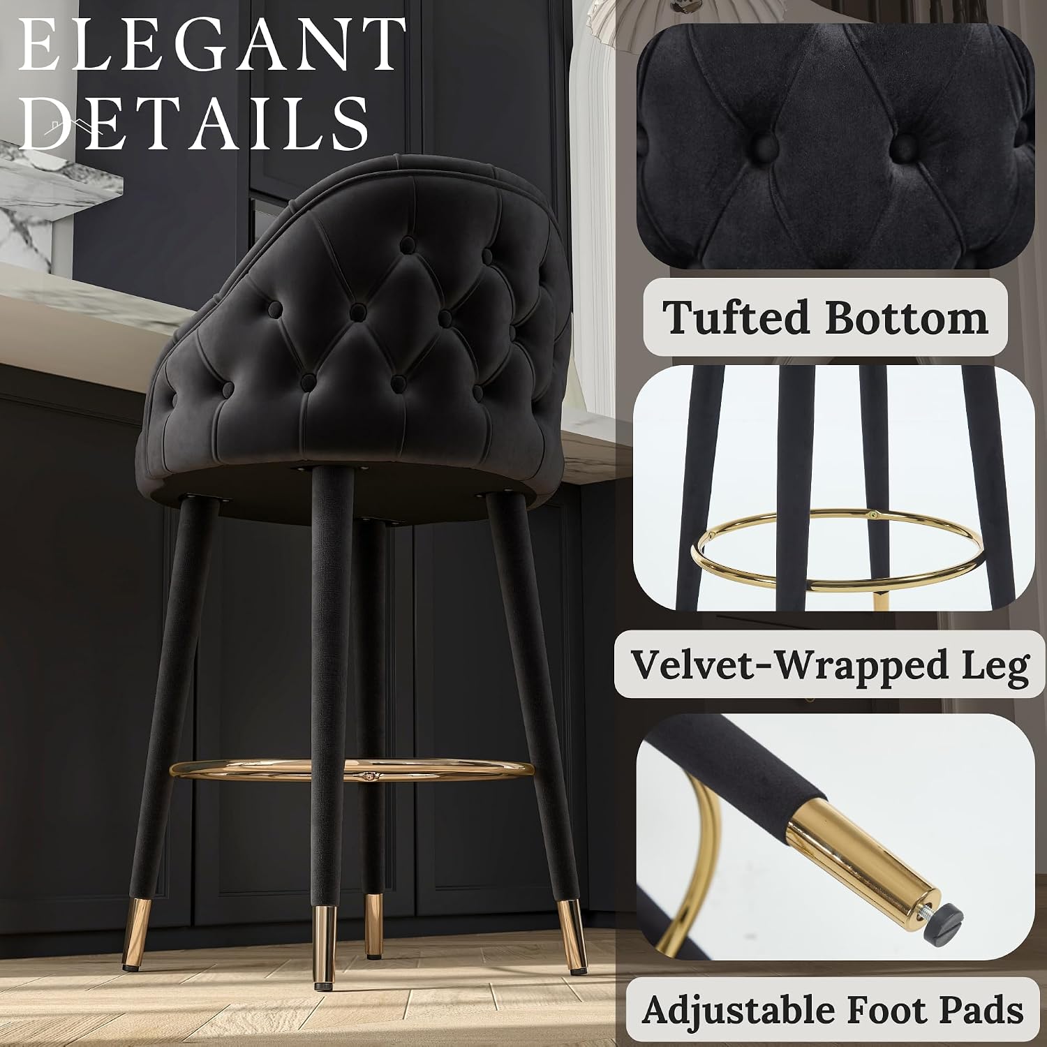 Hyfirm Upholstered Tufted Bar Stools Set of 4, 26" H Velvet Counter Height Bar Stools Glam Barstools with Gold Footrest & Fabric-Covered Legs for Kitchen Island Dining Room Bar, Black