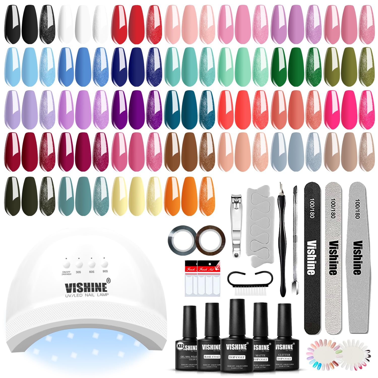 Vishine Lampada UV LED per Unghie Set Smalti Gel con 32 Colori e 4 Flaconi di Base Coat e Top Coat Lucido/Opaco – Set Gel Soak Off per Unghie Adatto a Tutte le Stagioni, Idea Regalo
