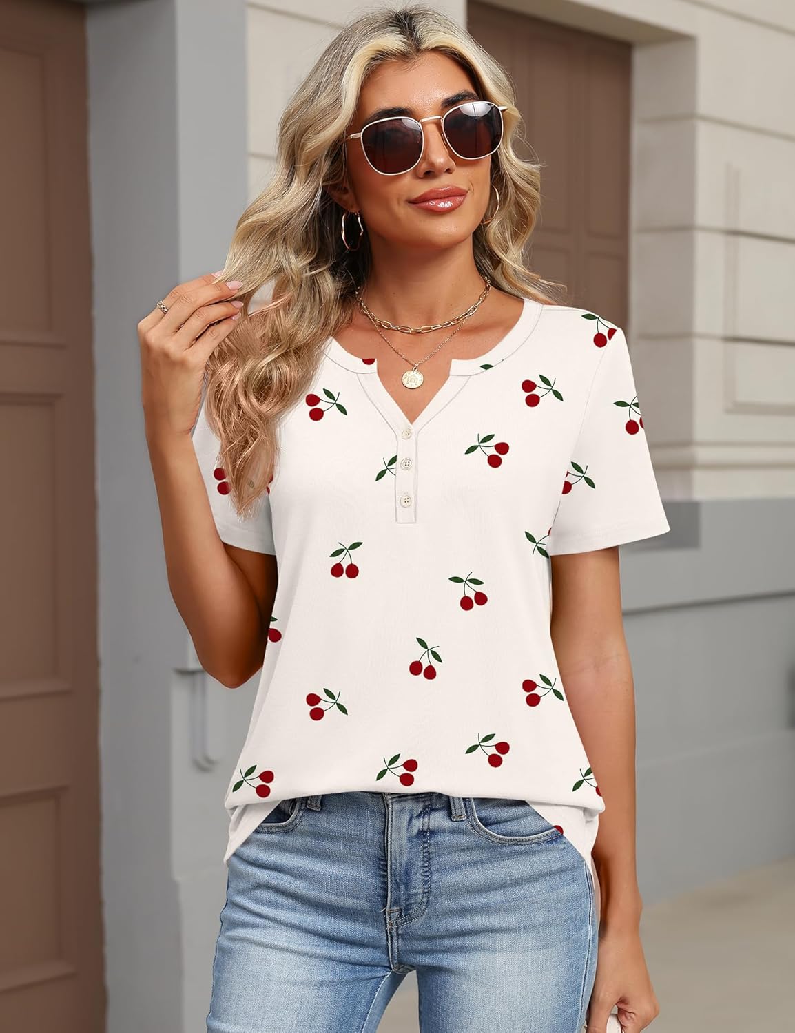 TCOT Women's Tops Dressy Casual Summer Blouses Short Sleeve Button V Neck Spring Tee Shirts - Image 4