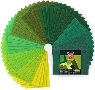 Arteza Green Felt Sheets, Set of 50, 8.3 x 11.8 inches, 10 Tones of Craft Felt, 20 Soft and 30 Stiff Non Woven Felt Fabric Squares, 1.5mm and 1.3mm Thick, Sewing Fabric for DIY Projects