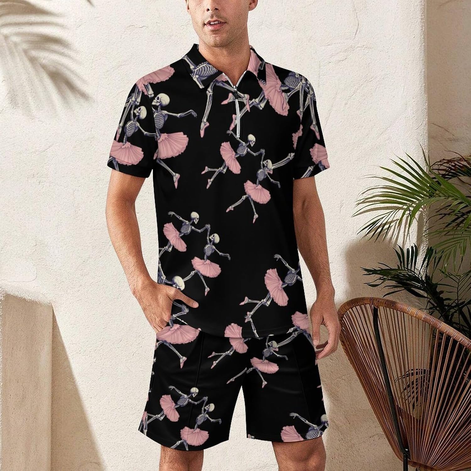 Skull Skeleton Ballet Dancing Mens Polo Shirts Track Suits 2 Piece Short Sleeve Sweatsuit 1/4 Zip Golf Loungewear for Sports