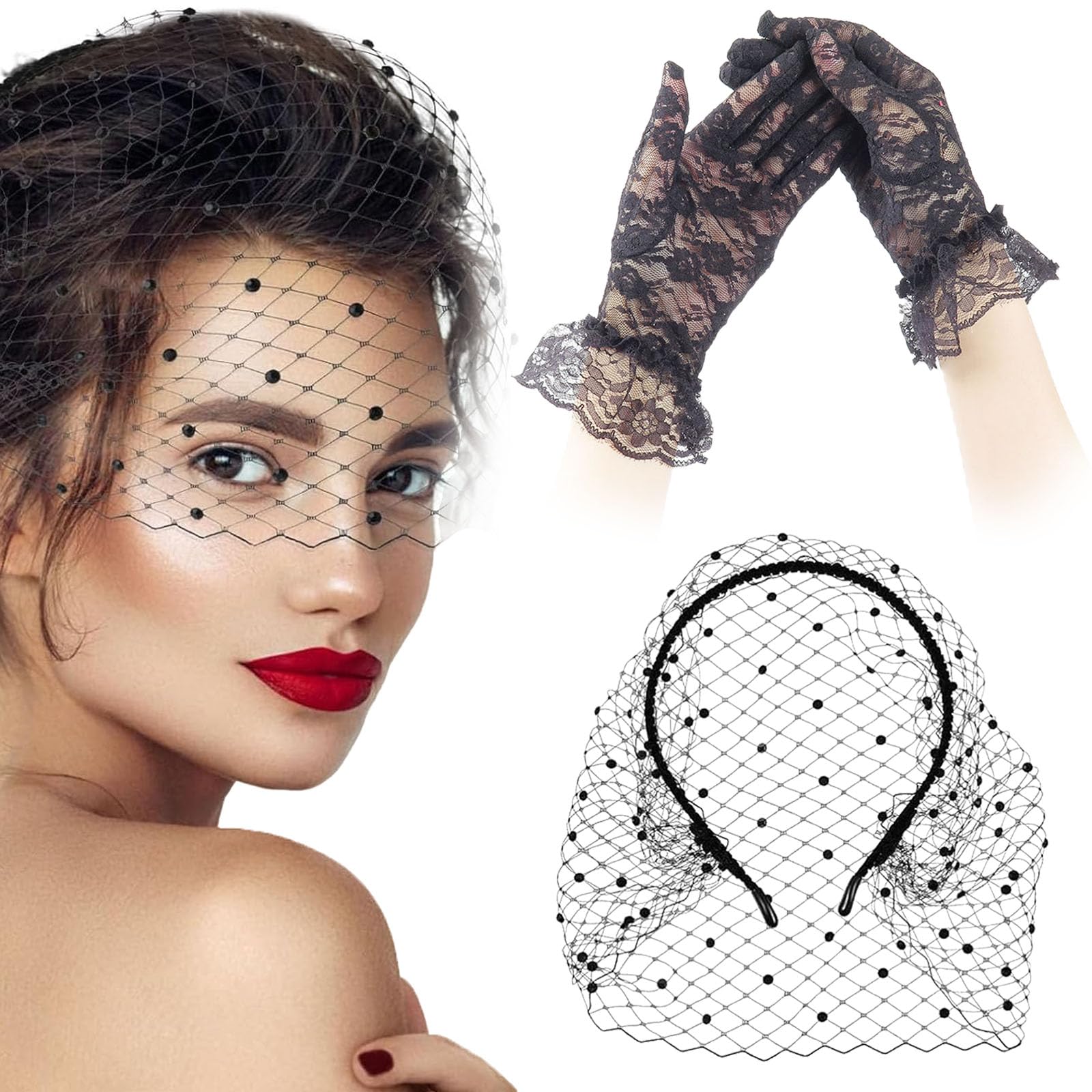 BisienyaBlack Mesh Veil With Lace Gloves, Fascinators for Women, 1920s Headwear Tea Party Hat, Party Prom Holiday Hair Accessories for Women and Girls