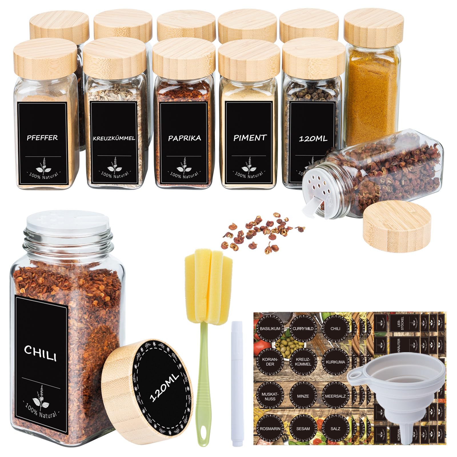 Gewürzgläser Eckig 12er Set 120ml, Gewürzdosen mit Streueinsatz, luftdichtem Schraubdeckel, Inkl. Trichter, Etiketten, Marker & Reinigungsbürste, Gewürzbehälter Glas für Küche & Schublade, HolzDeckel