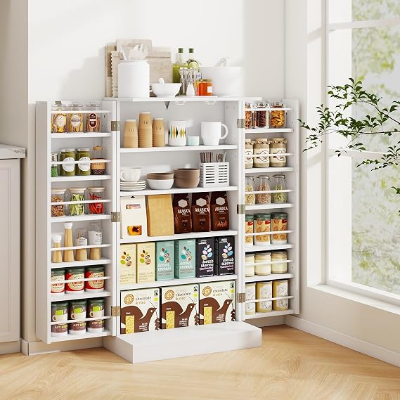 Giantex 41 Kitchen Pantry Cabinet, Freestanding Food Pantry Storage Cabinet with 12-Tier Door Shelves & Adjustable Shelves, White Sideboard Buffet Cupboard for Kitchen, Dining Room, Living Room