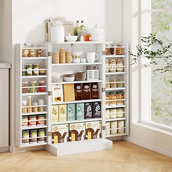 Giantex 41 Kitchen Pantry Cabinet, Freestanding Food Pantry Storage Cabinet with 12-Tier Door Shelves & Adjustable Shelves, White Sideboard Buffet Cupboard for Kitchen, Dining Room, Living Room