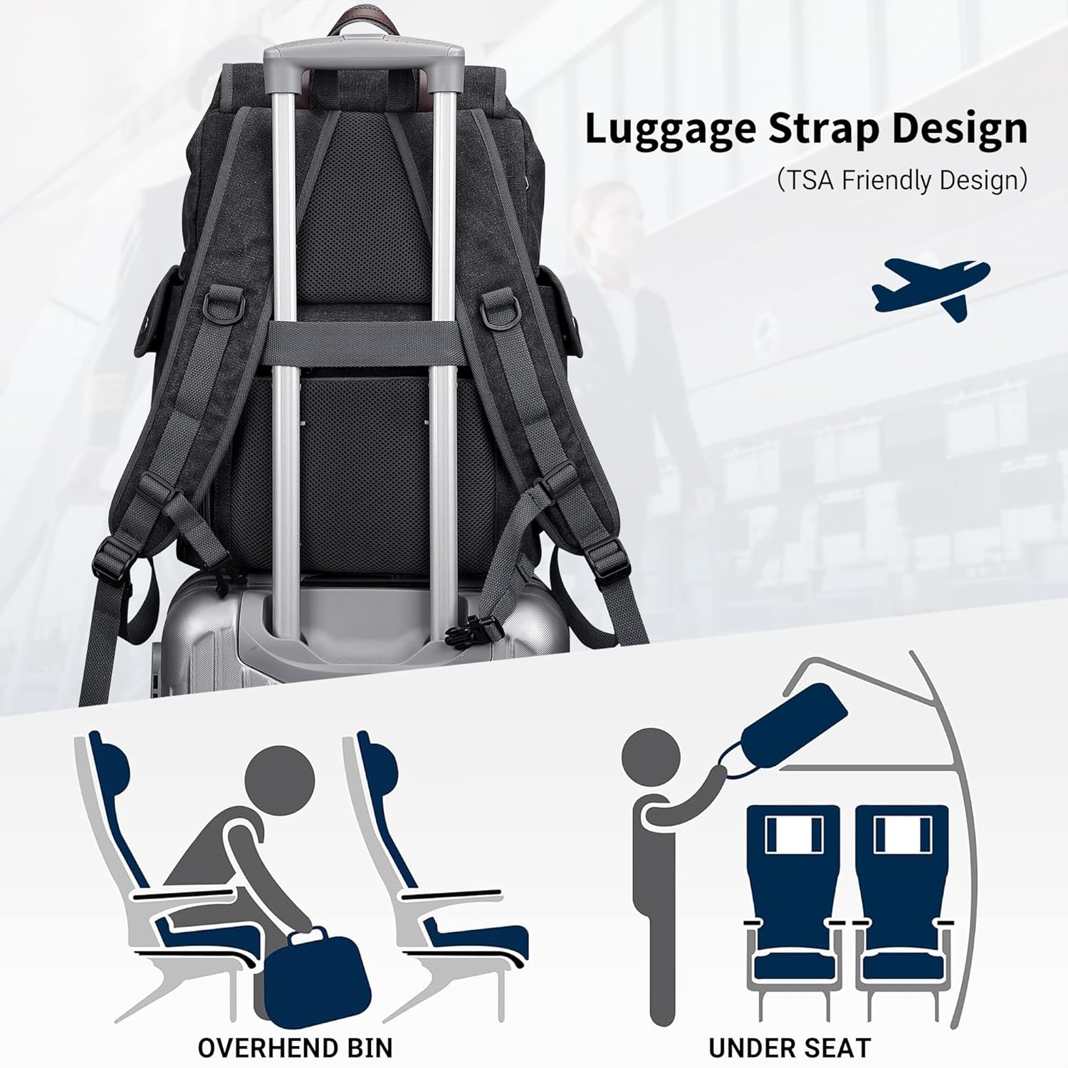 WITZMAN Canvas Backpack for Men Vintage Rucksack Fit 15.6 inch Laptop Backpack Travel High Capacity Casual Daypack (A8004 Black/Gery - Image 8