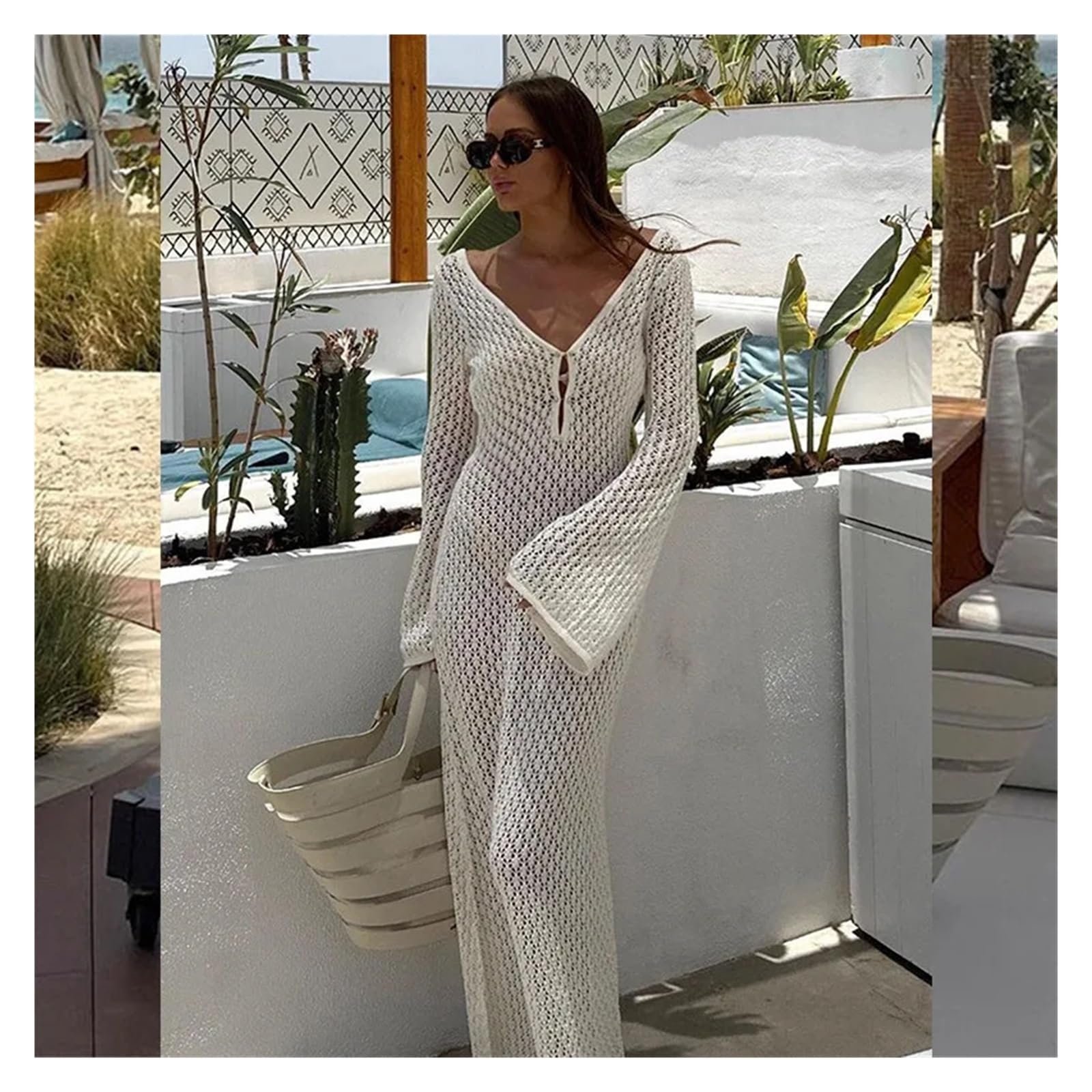 Genérico Vestido Playa Mujer Vestido Playero de Punto for Mujer, Vestido Playero Elegante, Liso, Transparente, ceñido, Acampanado, Mangas largas, Bikinis para Playa(DJ7278K1,M)